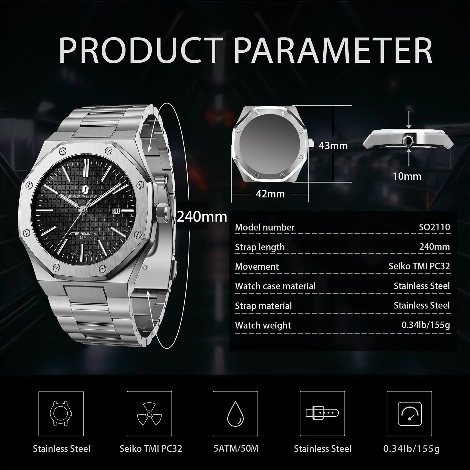 SAPPHERO Orologio da uomo in acciaio inossidabile, Movimento al quarzo giapponese, Argento/Nero, SO2110 - immagine 7