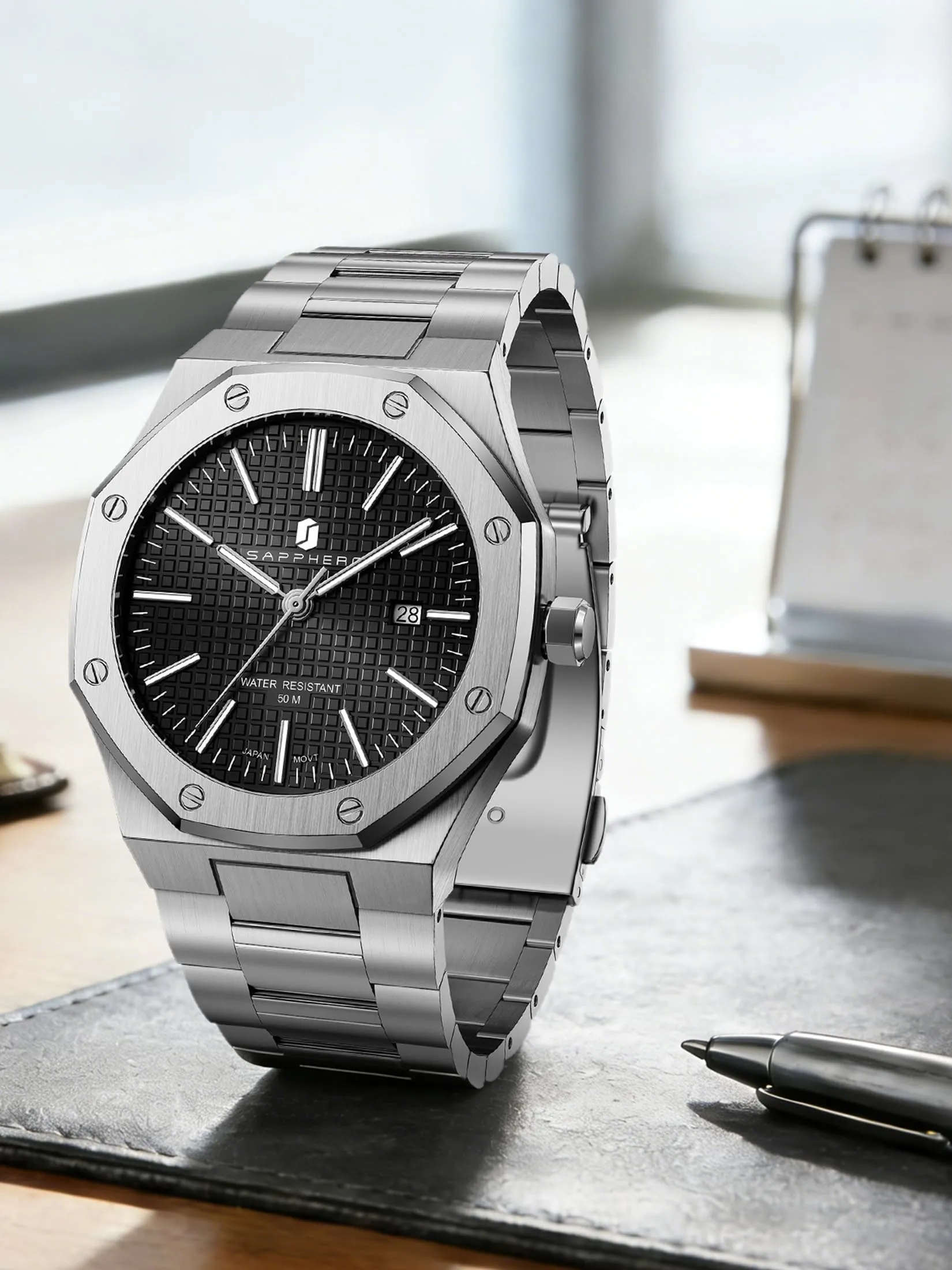SAPPHERO Orologio da uomo in acciaio inossidabile, Movimento al quarzo giapponese, Argento/Nero, SO2110 - immagine 8