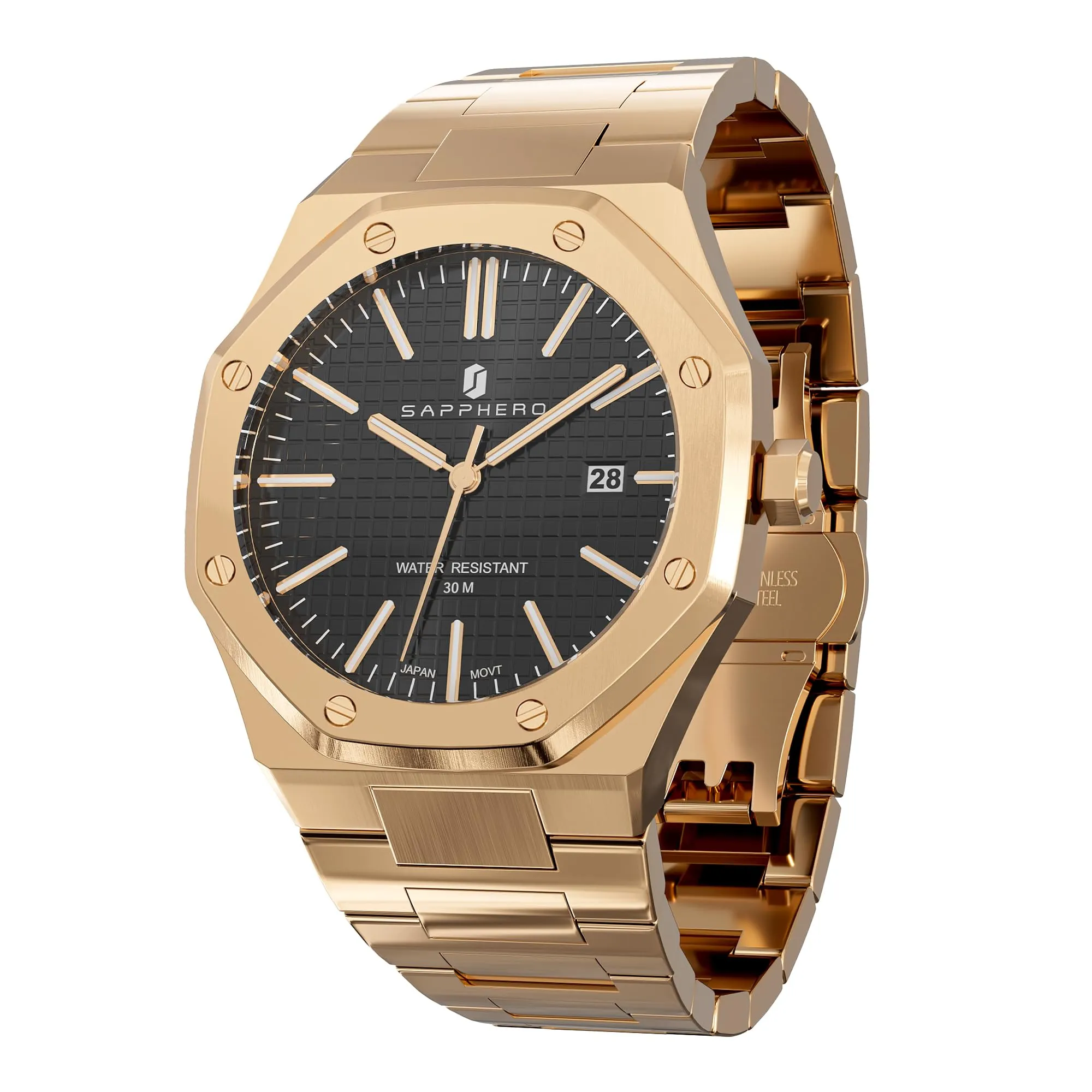SAPPHERO Orologio da Uomo in Acciaio Inossidabile, Movimento al Quarzo Giapponese, Impermeabile 10 ATM, Oro Rosa/Nero/Nero - immagine 1