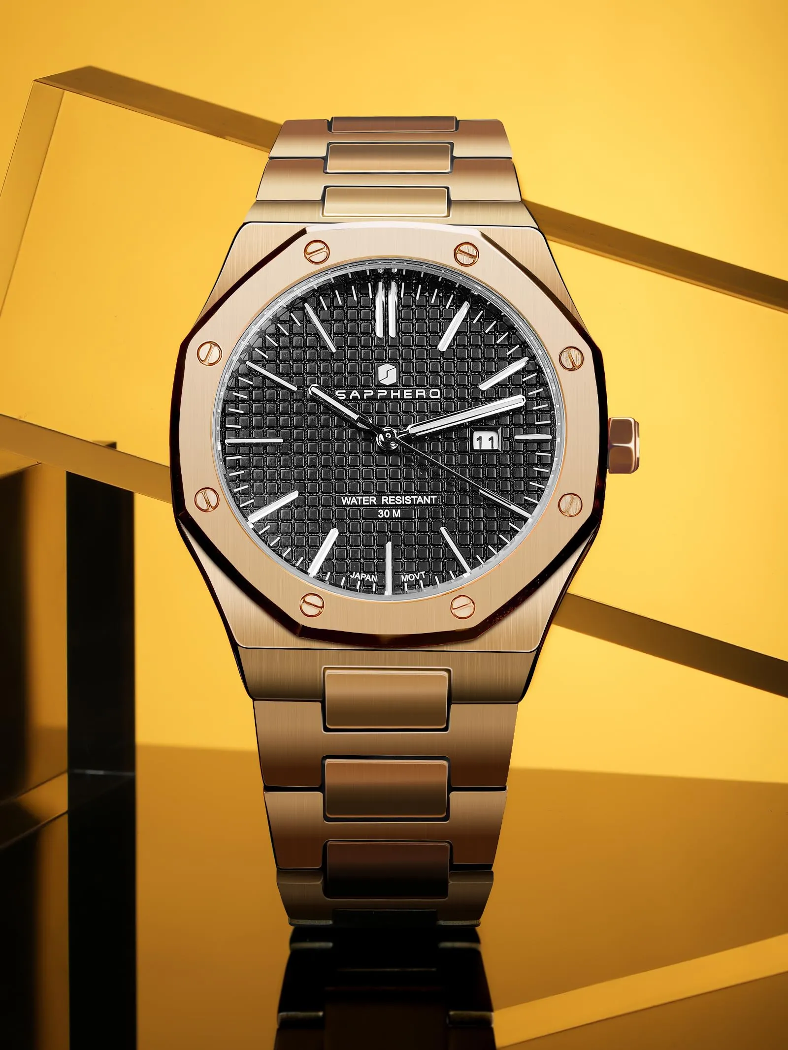 SAPPHERO Orologio da Uomo in Acciaio Inossidabile, Movimento al Quarzo Giapponese, Impermeabile 10 ATM, Oro Rosa/Nero/Nero - immagine 3