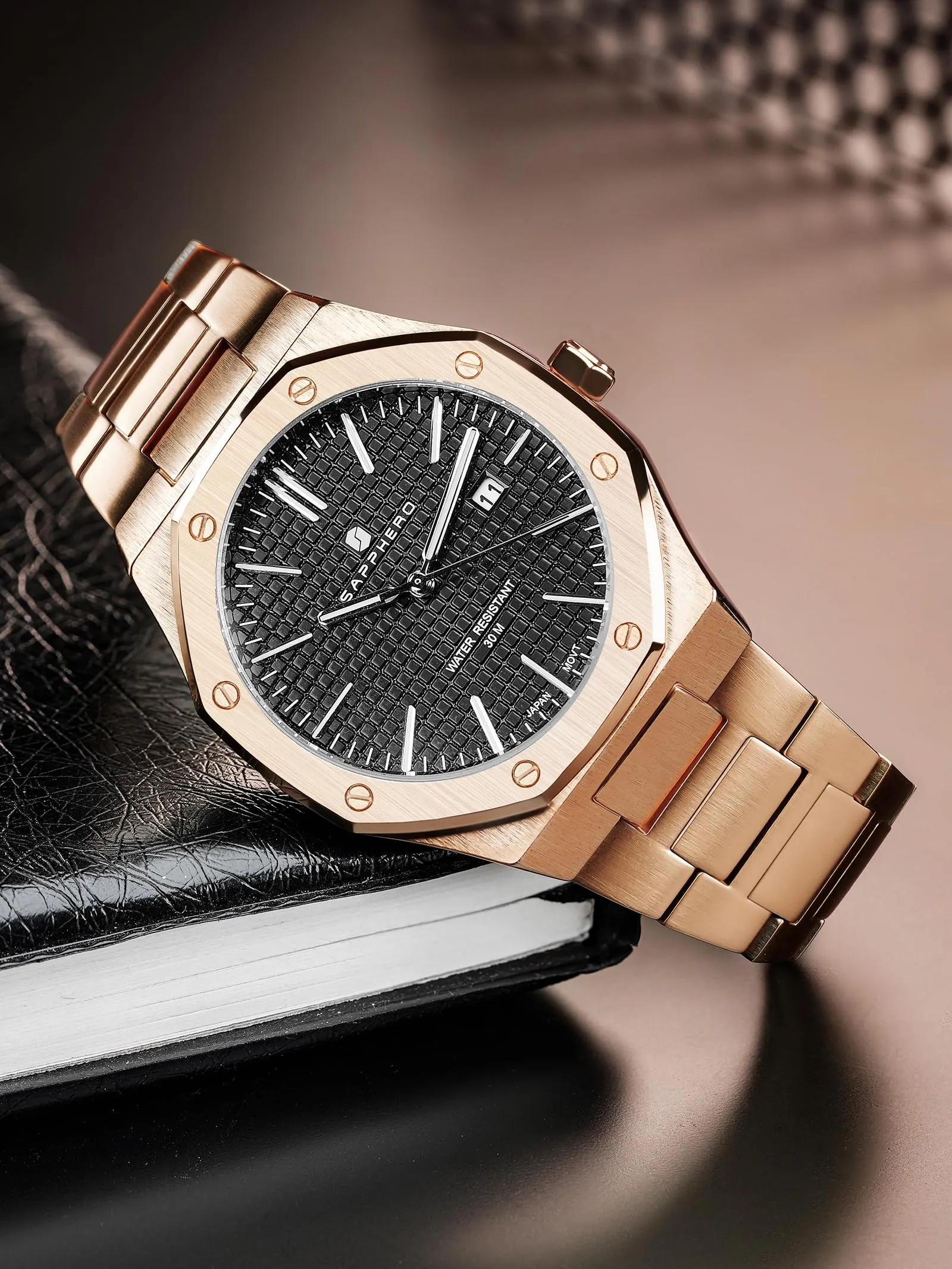 SAPPHERO Orologio da Uomo in Acciaio Inossidabile, Movimento al Quarzo Giapponese, Impermeabile 10 ATM, Oro Rosa/Nero/Nero - immagine 4