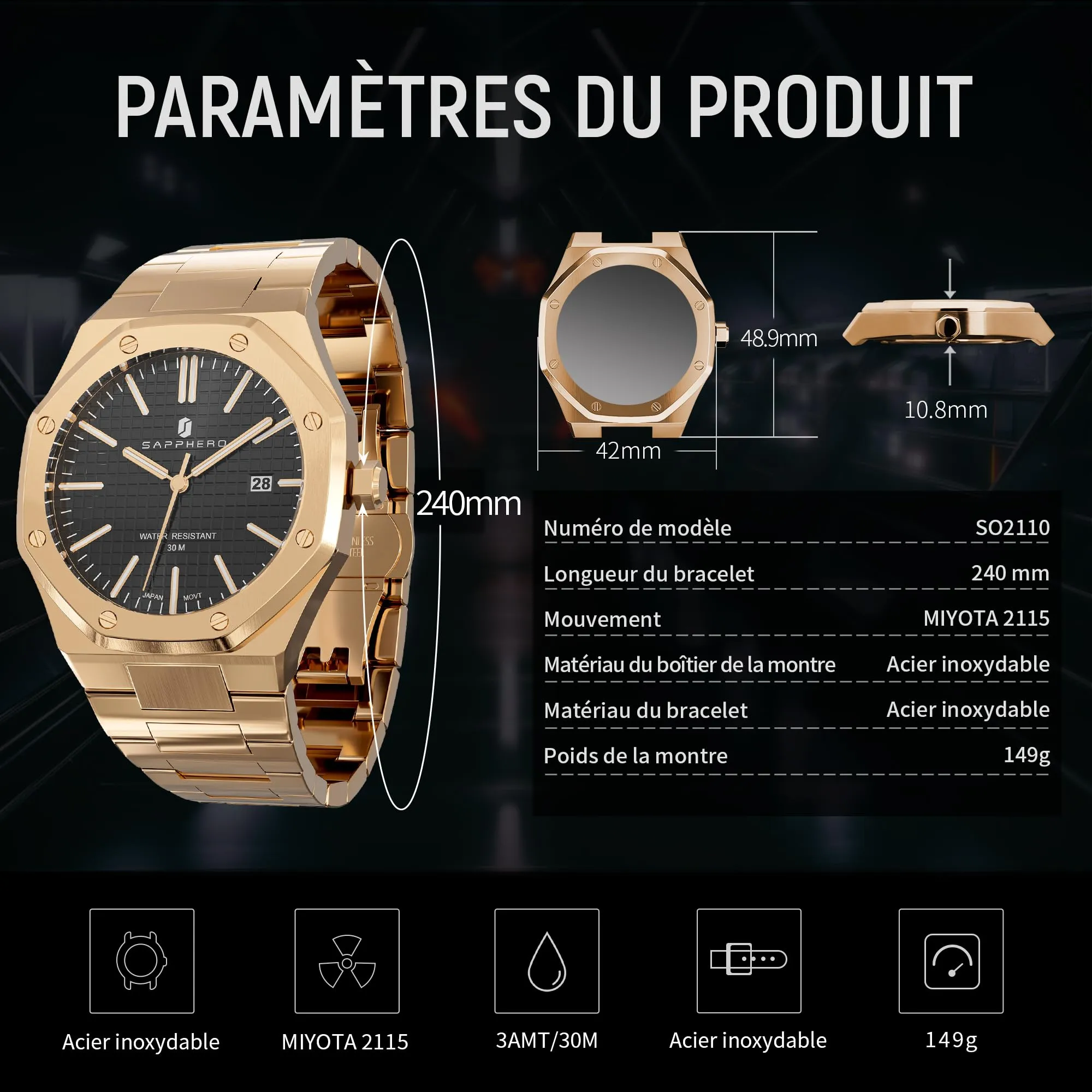 SAPPHERO Orologio da Uomo in Acciaio Inossidabile, Movimento al Quarzo Giapponese, Impermeabile 10 ATM, Oro Rosa/Nero/Nero - immagine 7