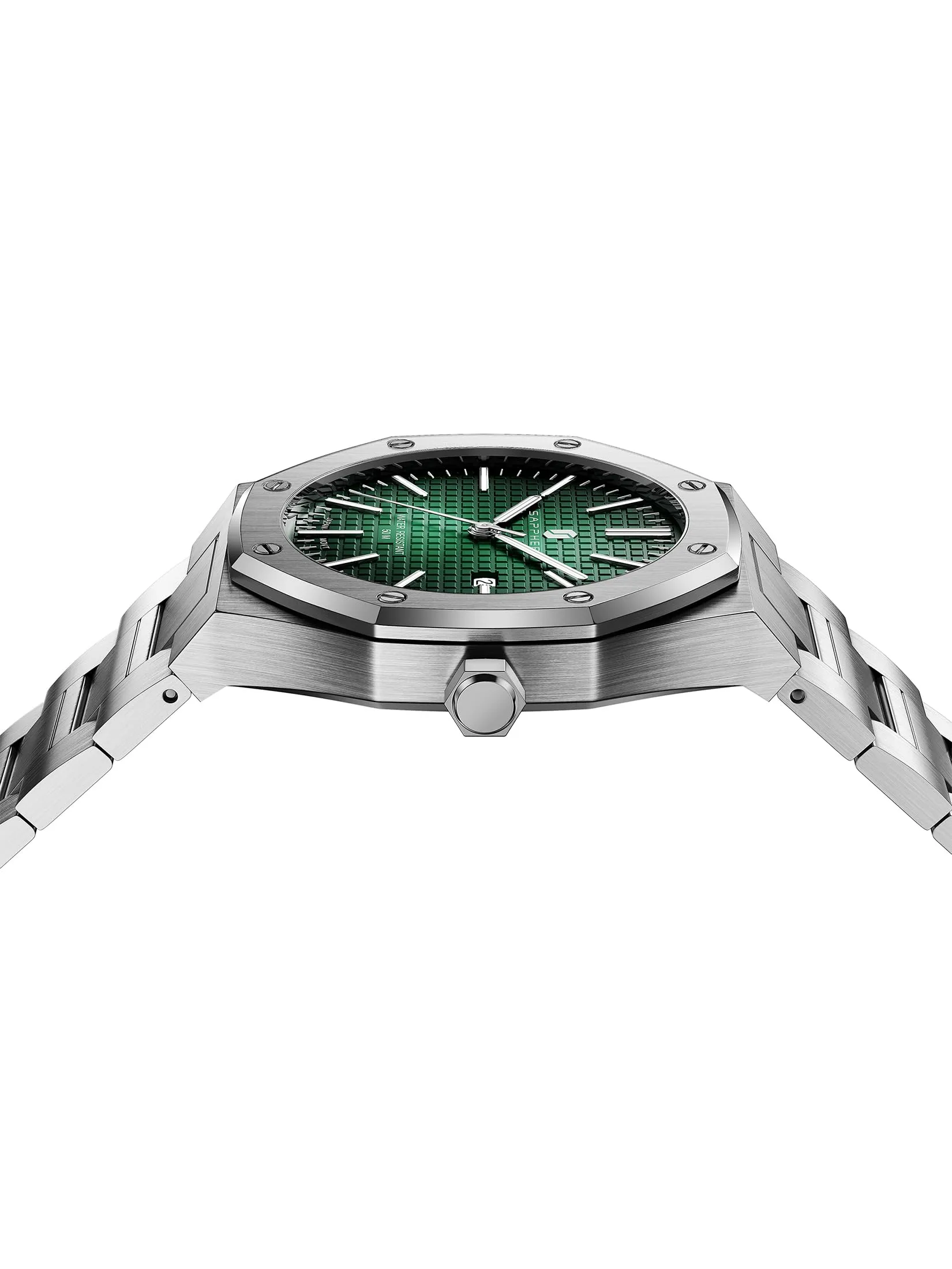 SAPPHERO Orologio da uomo in acciaio inossidabile, Movimento al quarzo giapponese, Argento/Verde - immagine 2