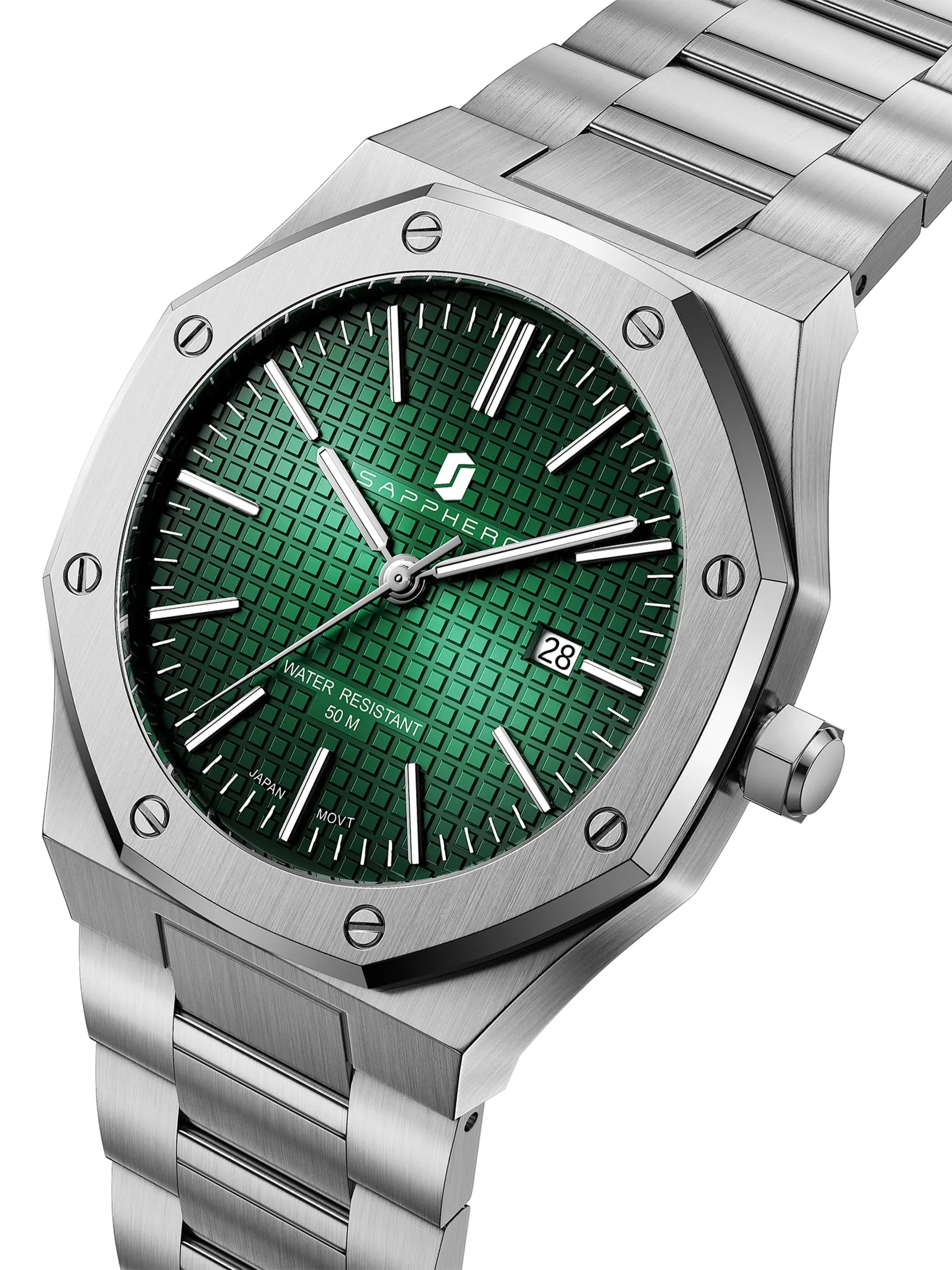 SAPPHERO Orologio da uomo in acciaio inossidabile, Movimento al quarzo giapponese, Argento/Verde - immagine 3