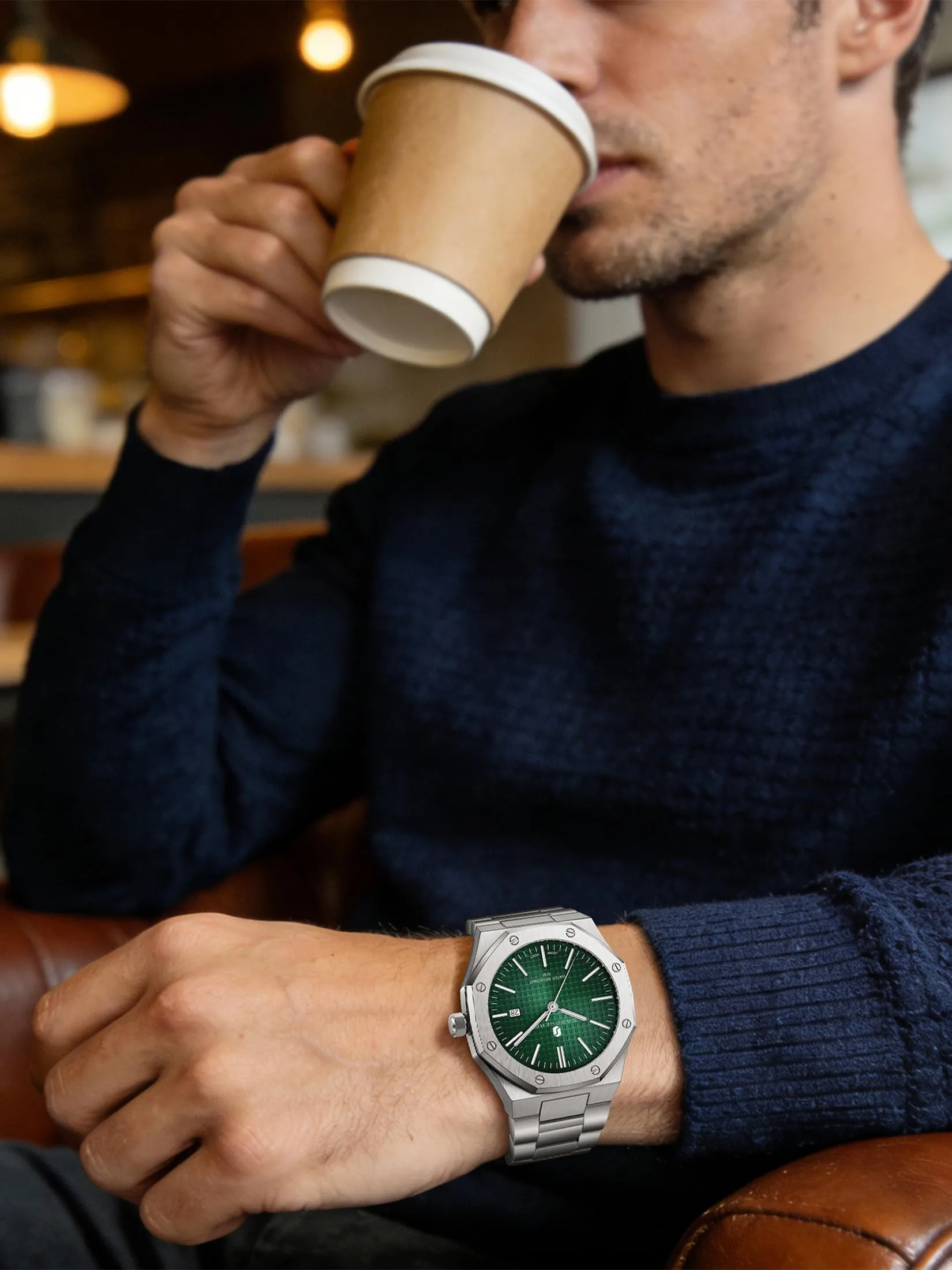 SAPPHERO Orologio da uomo in acciaio inossidabile, Movimento al quarzo giapponese, Argento/Verde - immagine 4