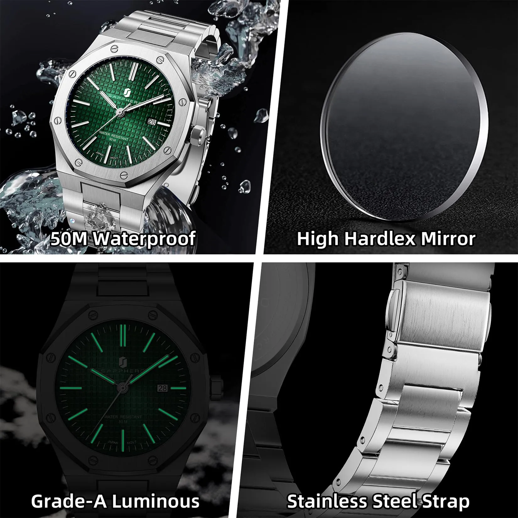 SAPPHERO Orologio da uomo in acciaio inossidabile, Movimento al quarzo giapponese, Argento/Verde - immagine 5