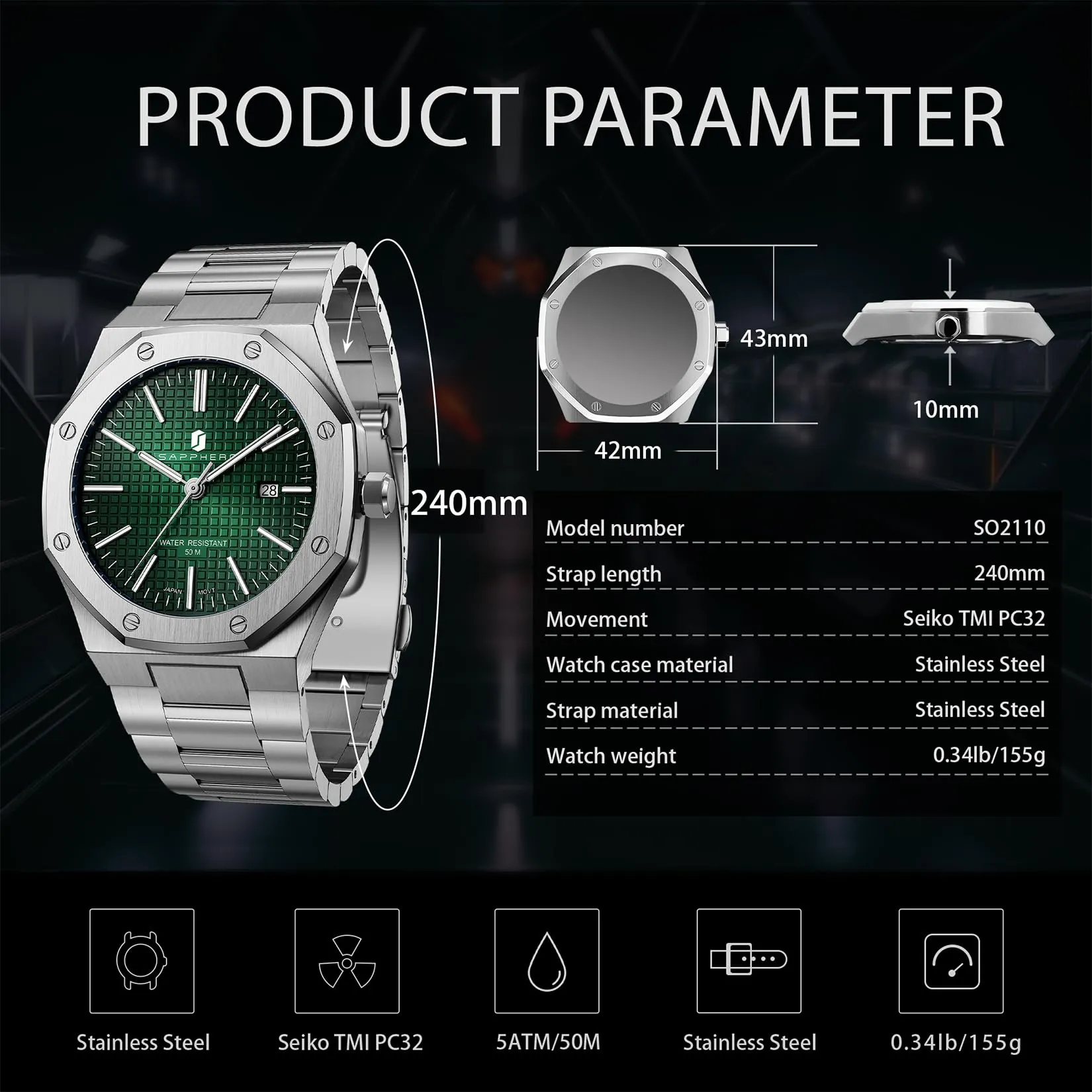SAPPHERO Orologio da uomo in acciaio inossidabile, Movimento al quarzo giapponese, Argento/Verde - immagine 6