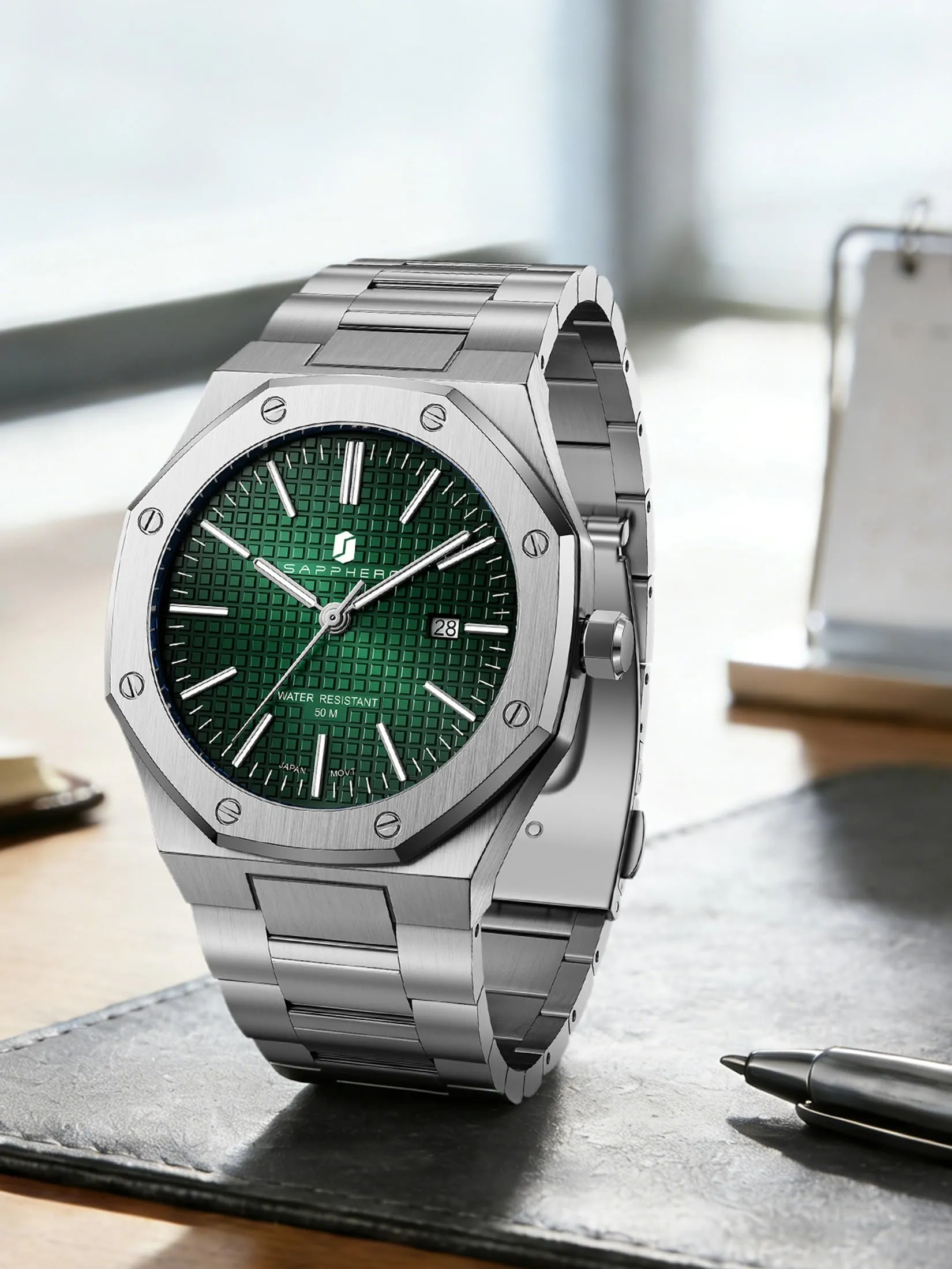 SAPPHERO Orologio da uomo in acciaio inossidabile, Movimento al quarzo giapponese, Argento/Verde - immagine 7