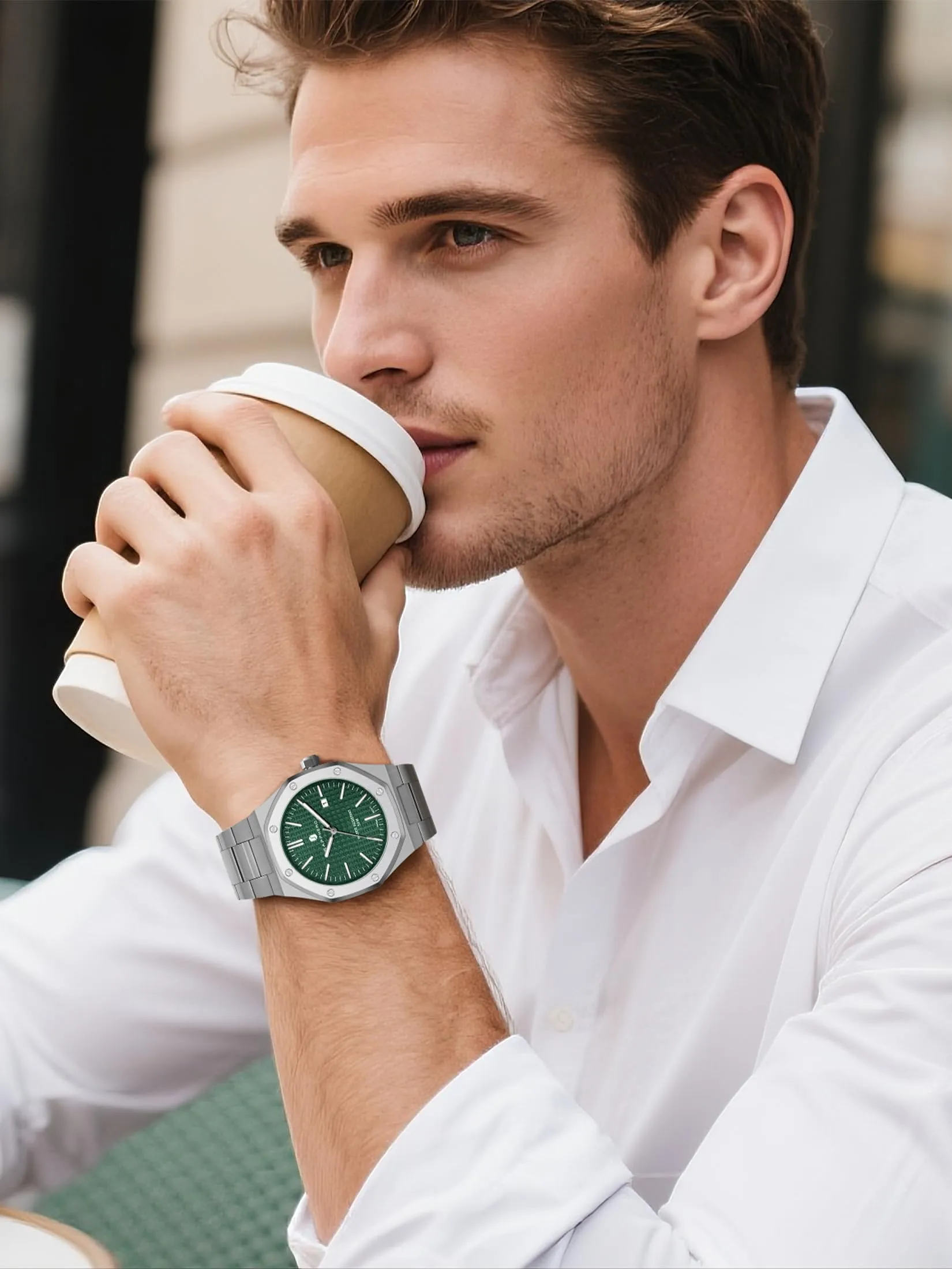 SAPPHERO Orologio da uomo in acciaio inossidabile, Movimento al quarzo giapponese, Argento/Verde - immagine 8