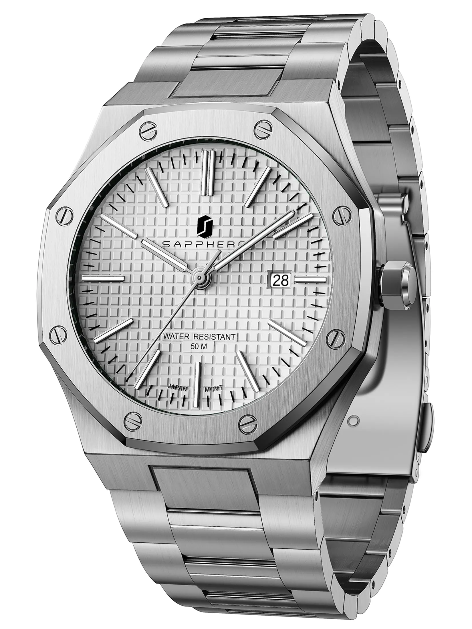 SAPPHERO Orologio da uomo in acciaio inossidabile, Movimento al quarzo giapponese, Impermeabile 10 ATM, Bianco/Bianco - immagine 1