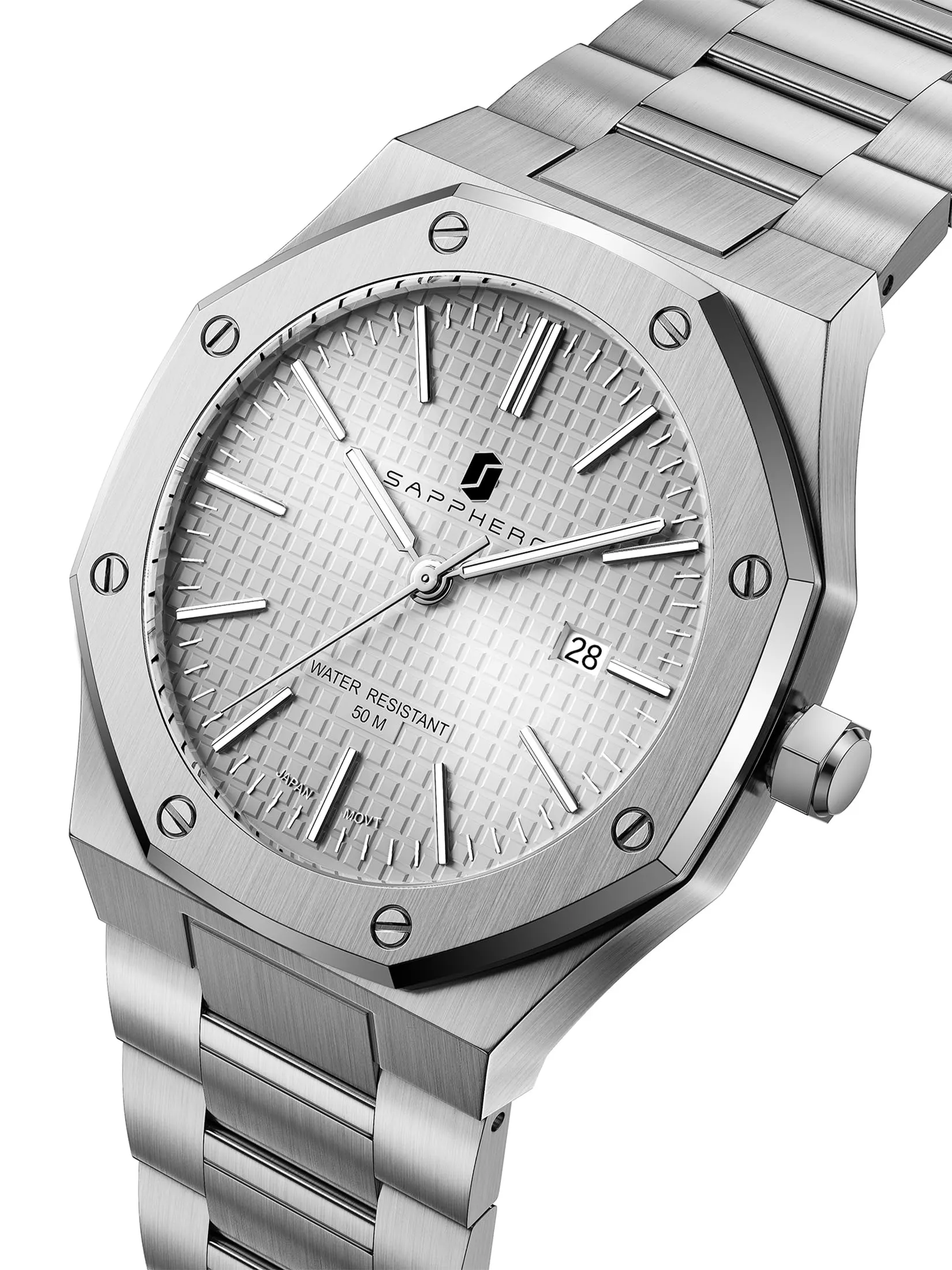 SAPPHERO Orologio da uomo in acciaio inossidabile, Movimento al quarzo giapponese, Impermeabile 10 ATM, Bianco/Bianco - immagine 2