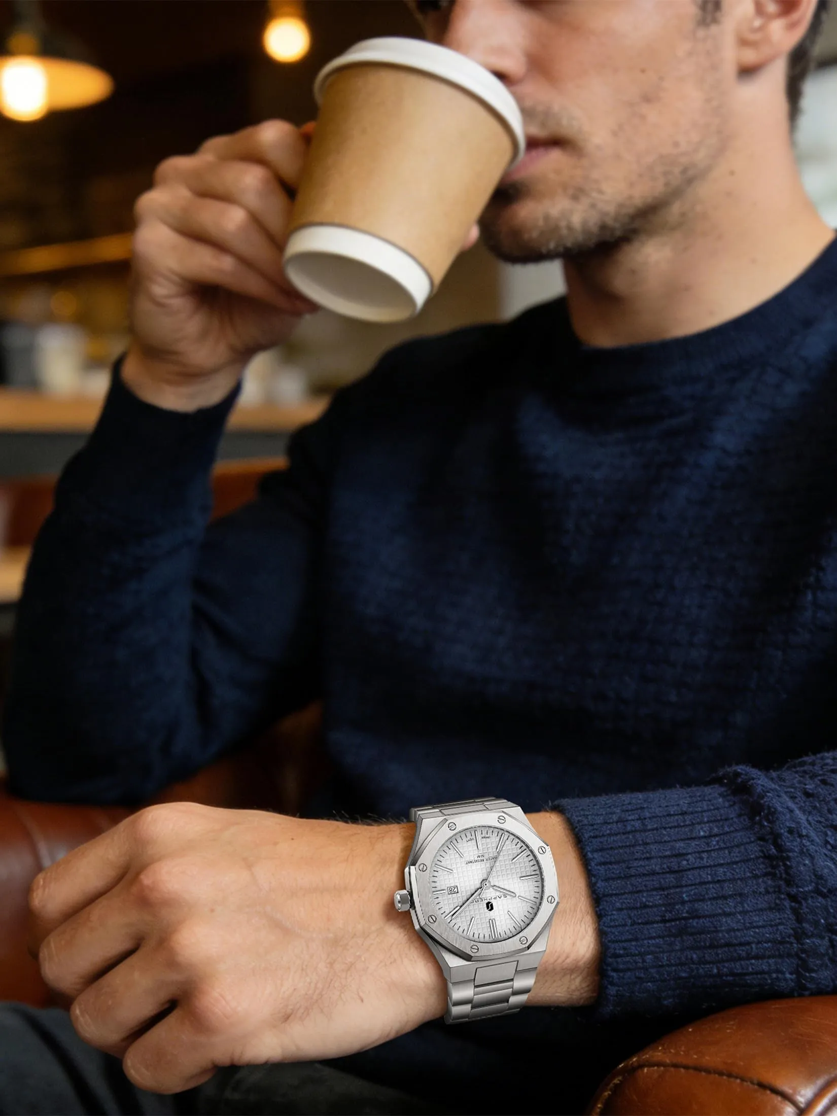SAPPHERO Orologio da uomo in acciaio inossidabile, Movimento al quarzo giapponese, Impermeabile 10 ATM, Bianco/Bianco - immagine 4