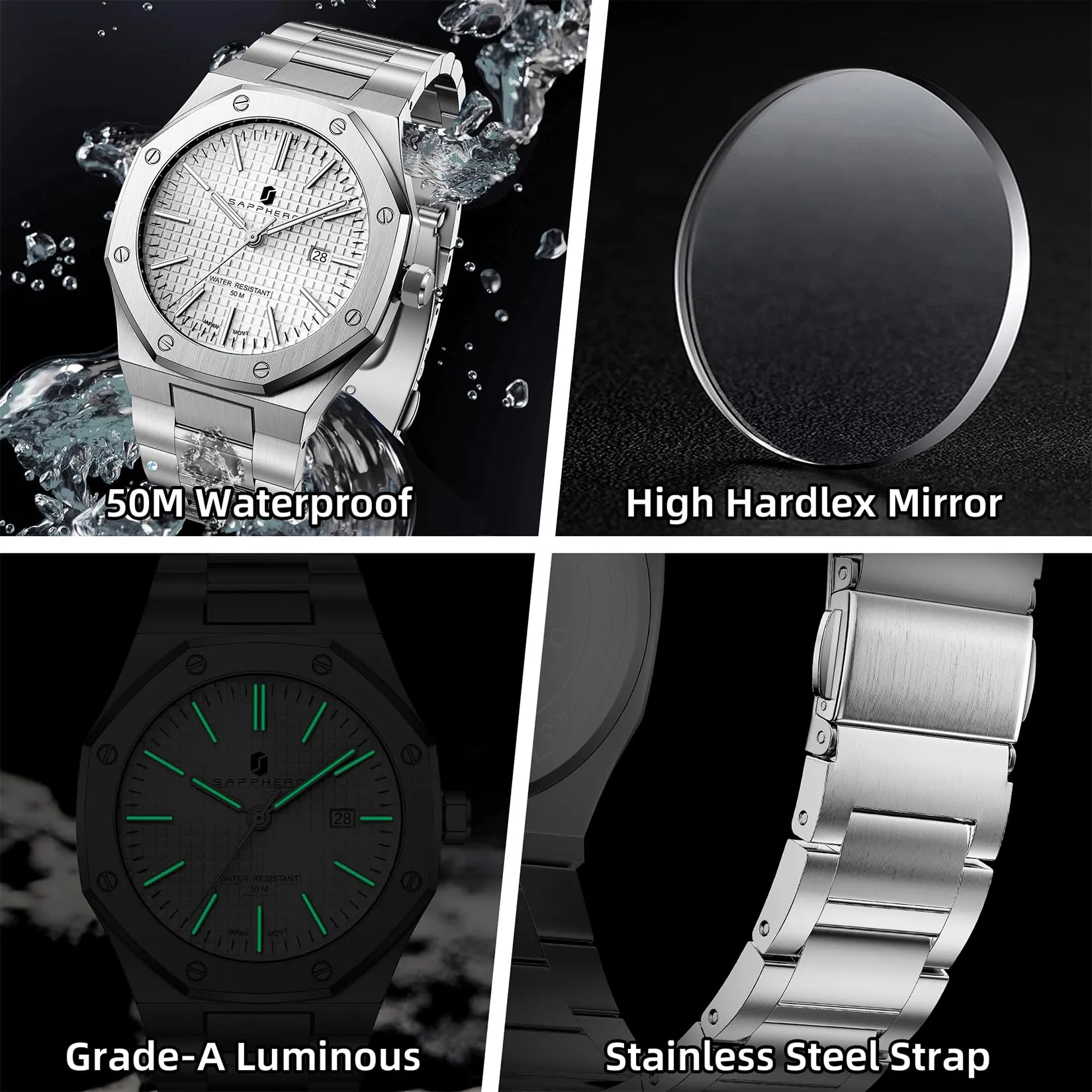 SAPPHERO Orologio da uomo in acciaio inossidabile, Movimento al quarzo giapponese, Impermeabile 10 ATM, Bianco/Bianco - immagine 5