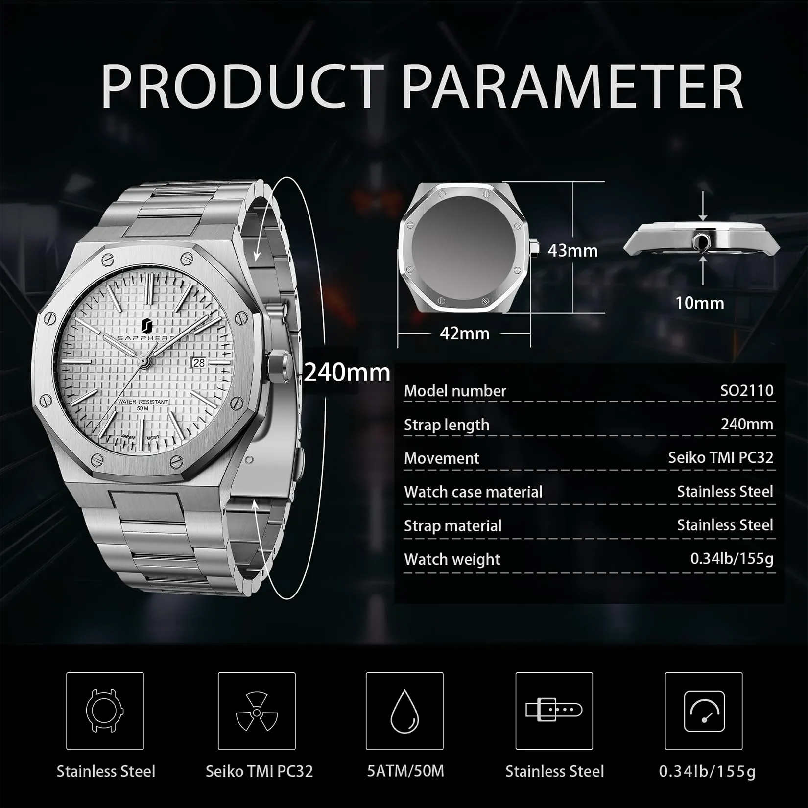 SAPPHERO Orologio da uomo in acciaio inossidabile, Movimento al quarzo giapponese, Impermeabile 10 ATM, Bianco/Bianco - immagine 6