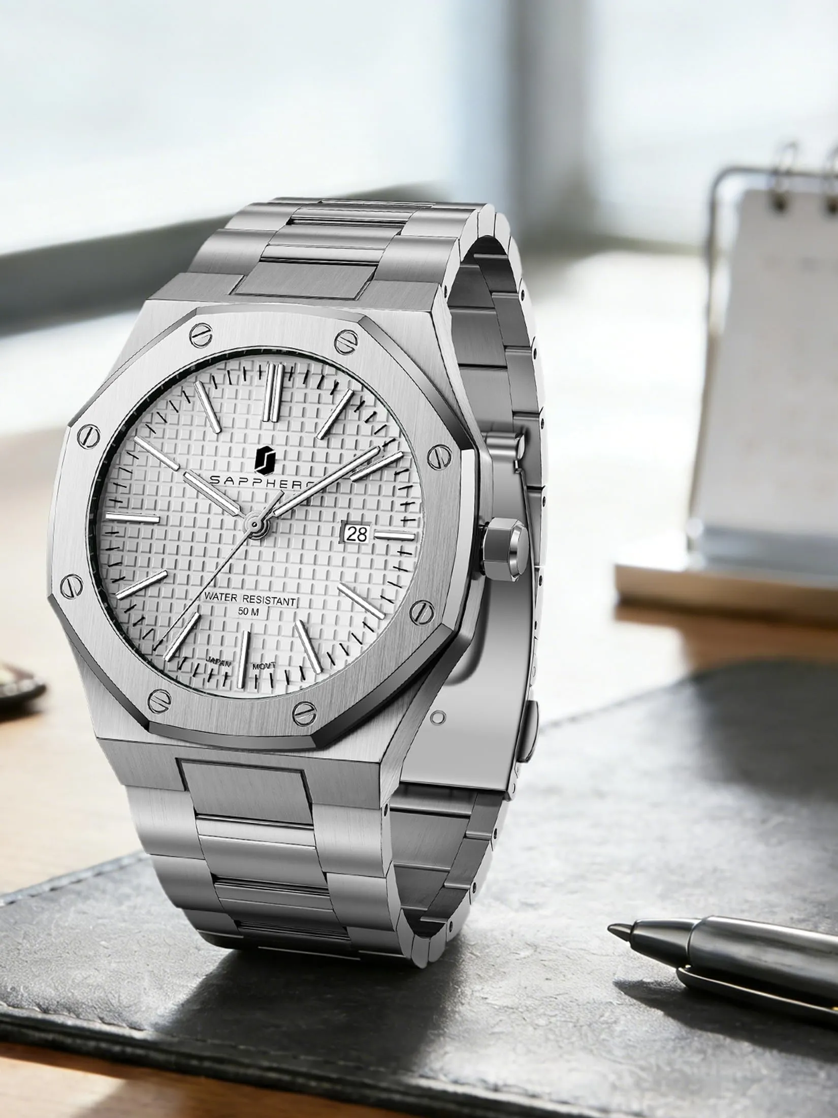 SAPPHERO Orologio da uomo in acciaio inossidabile, Movimento al quarzo giapponese, Impermeabile 10 ATM, Bianco/Bianco - immagine 7