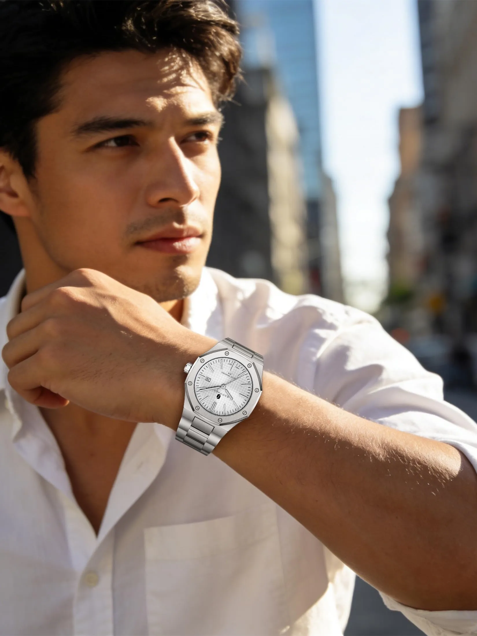 SAPPHERO Orologio da uomo in acciaio inossidabile, Movimento al quarzo giapponese, Impermeabile 10 ATM, Bianco/Bianco - immagine 8
