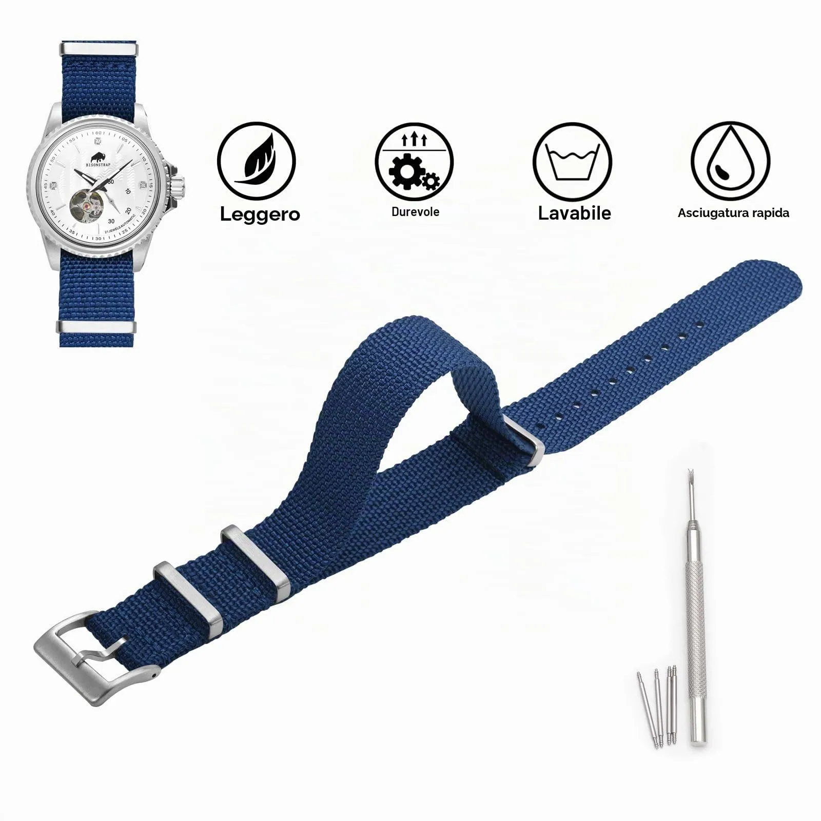 BISONSTRAP Cinturino in Nylon per Orologi Uomo, 18mm, Blu (Fibbia Argento) - immagine 3