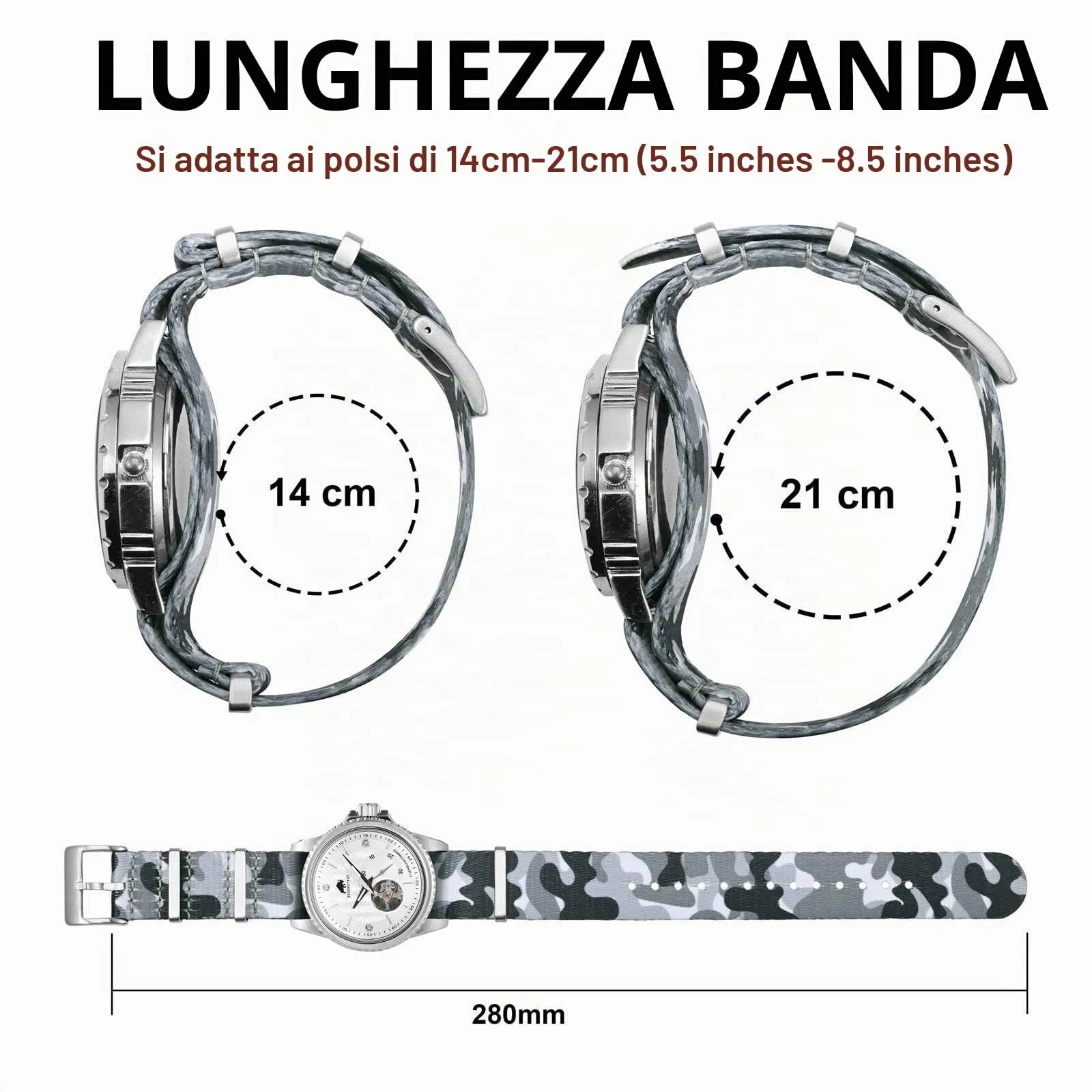 BISONSTRAP Cinturino per Orologi in Nylon da Uomo, Militare, 22mm, Grigio Mimetico (Fibbia Argento) - immagine 5