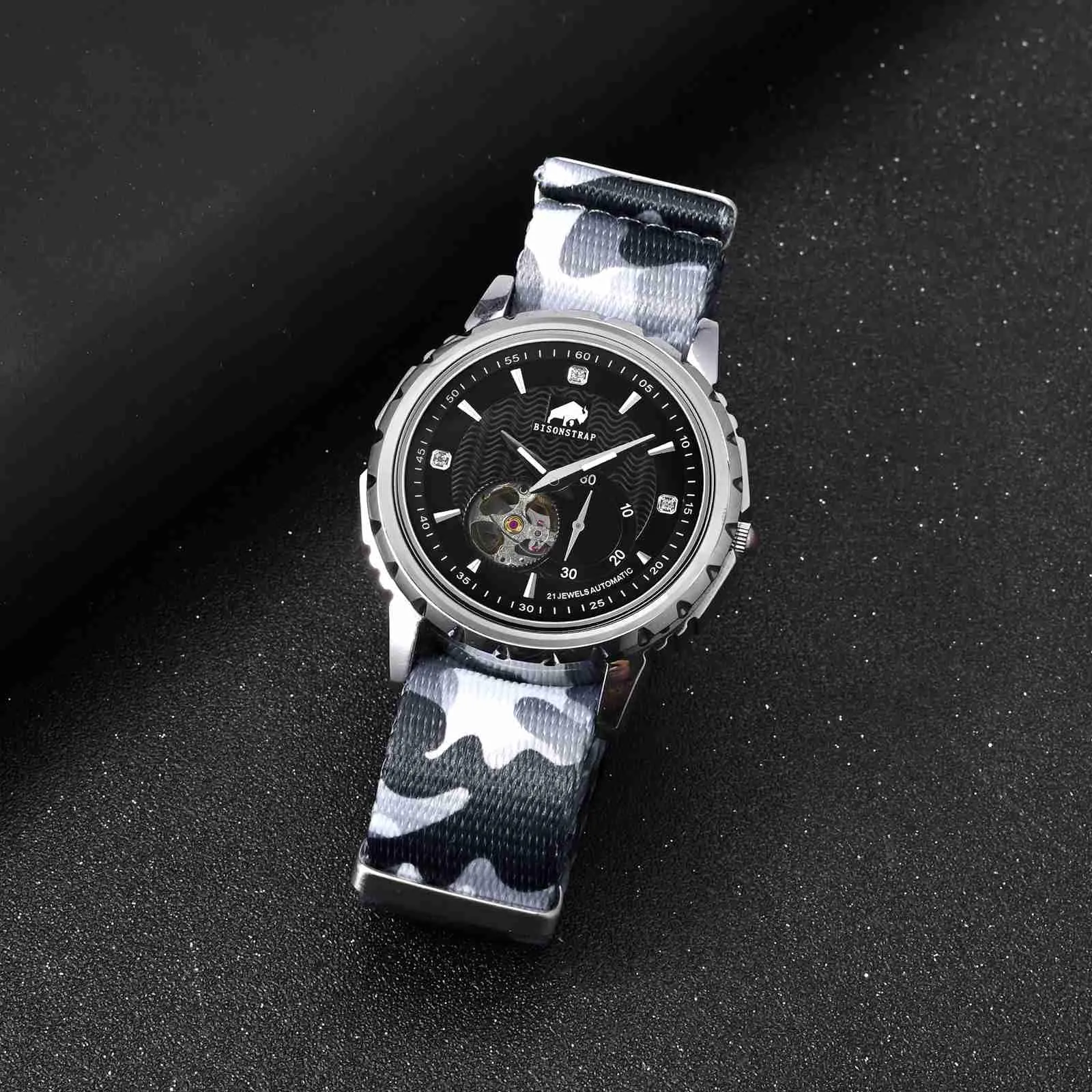 BISONSTRAP Cinturino per Orologi in Nylon da Uomo, Militare, 22mm, Grigio Mimetico (Fibbia Argento) - immagine 9