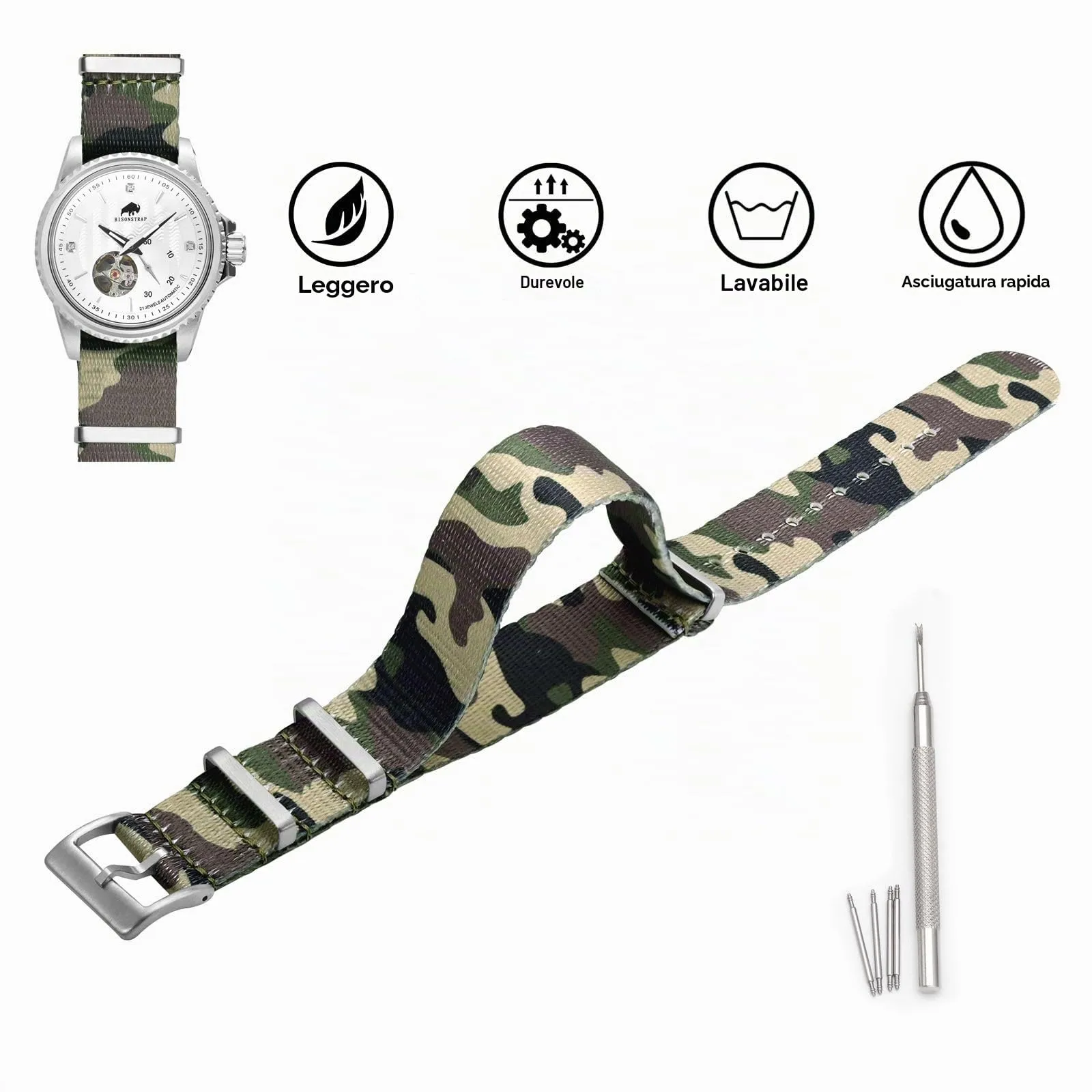 BISONSTRAP Cinturino per Orologi in Nylon da Uomo, Militari, 22mm, Verde Mimetico (Fibbia Argento) - immagine 3