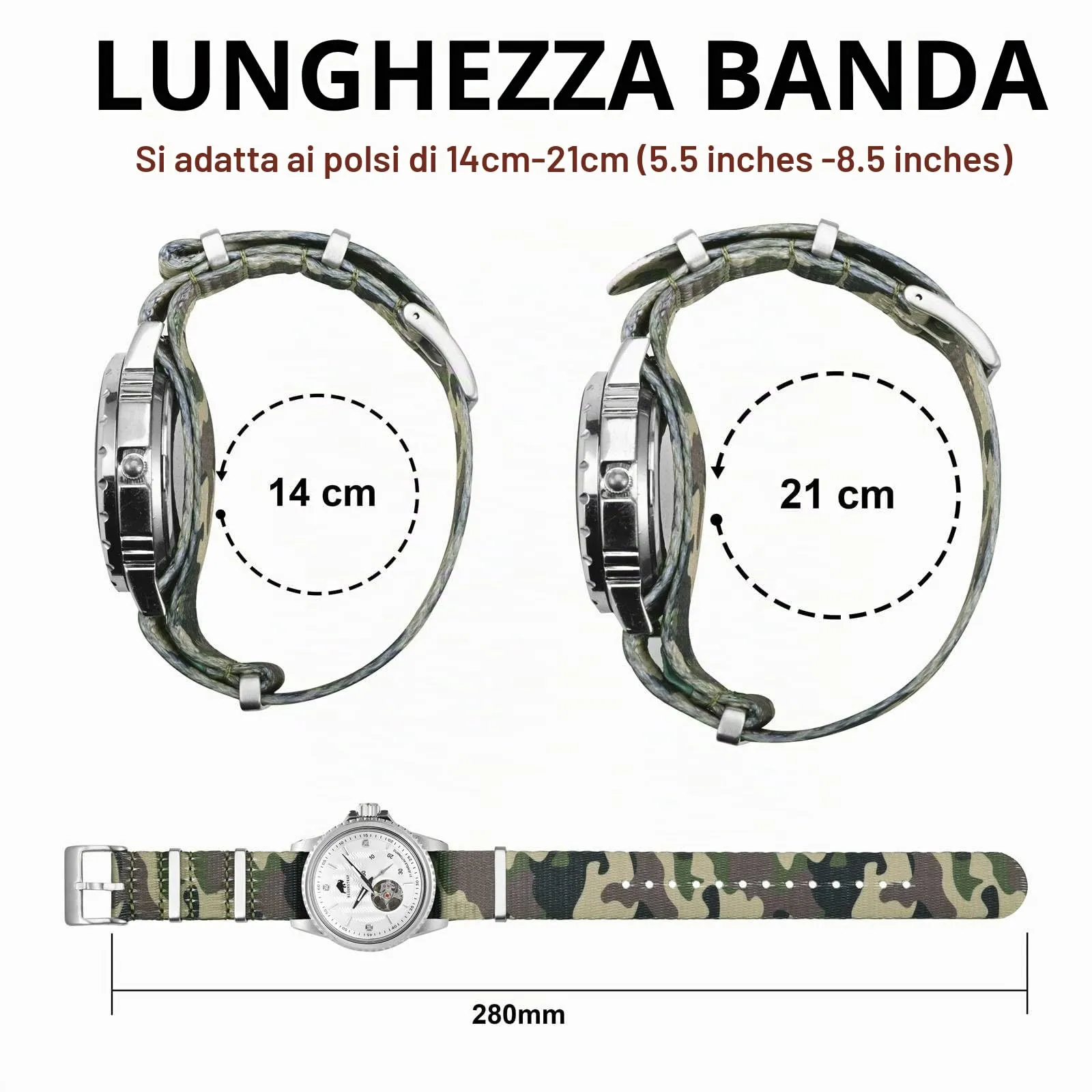 BISONSTRAP Cinturino per Orologi in Nylon da Uomo, Militari, 22mm, Verde Mimetico (Fibbia Argento) - immagine 5