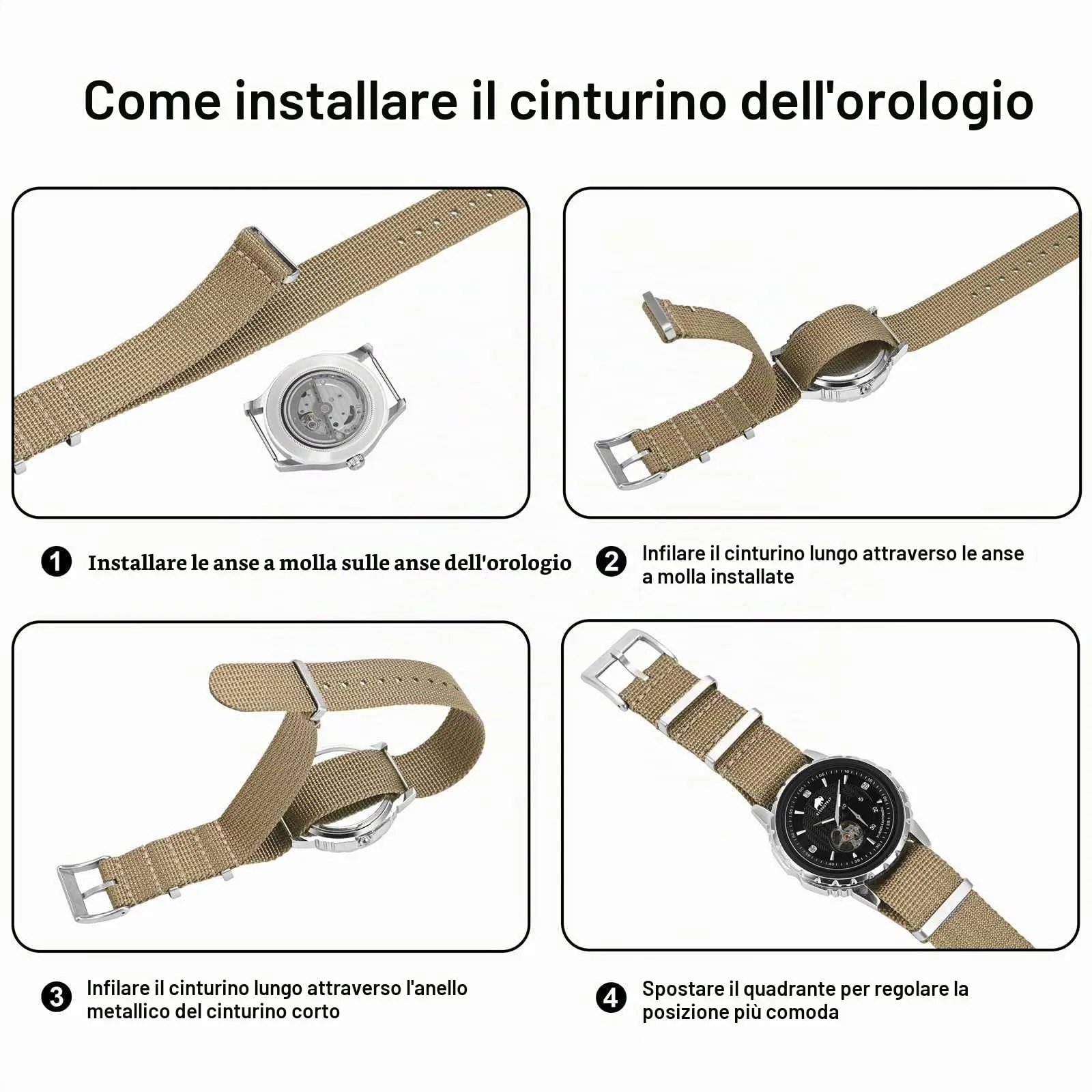 BISONSTRAP Cinturino per Orologi in Nylon da Uomo, Militari, 22mm, Verde Mimetico (Fibbia Argento) - immagine 8