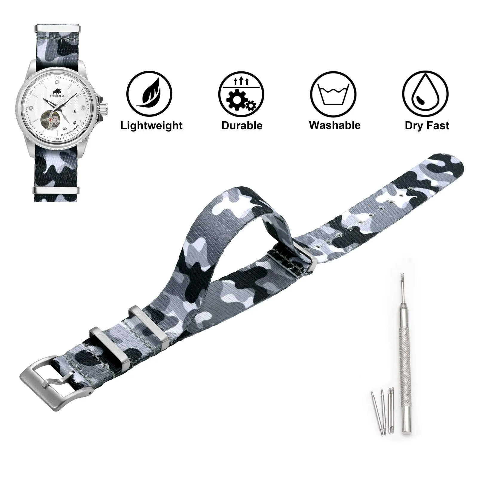 BISONSTRAP Cinturino per Orologi in Nylon da Uomo, 18mm, Grigio Mimetico (Fibbia Argento) - immagine 3