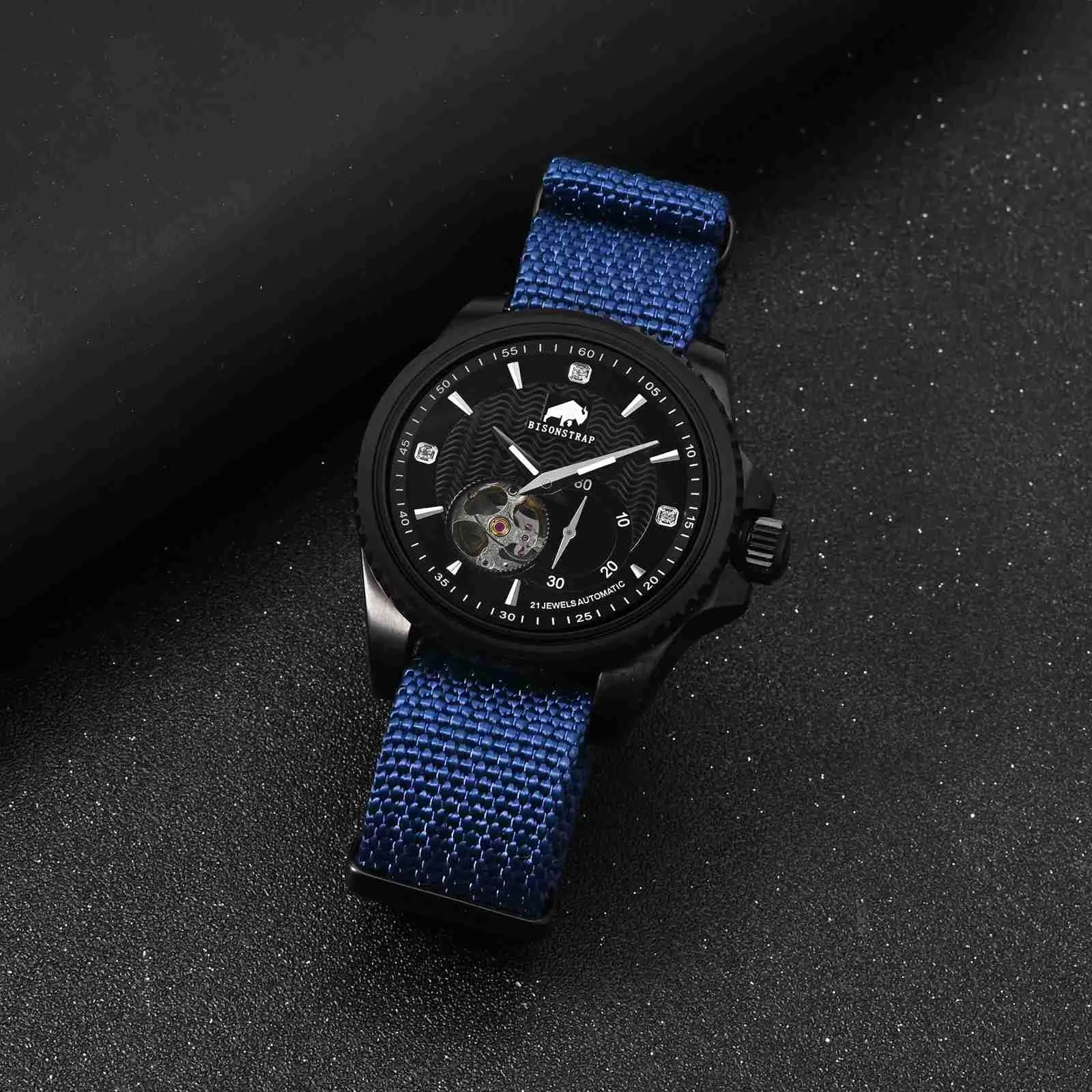 BISONSTRAP Cinturino per Orologi in Nylon da Uomo, Militare, 18mm, Blu (Fibbia Nera) - immagine 9