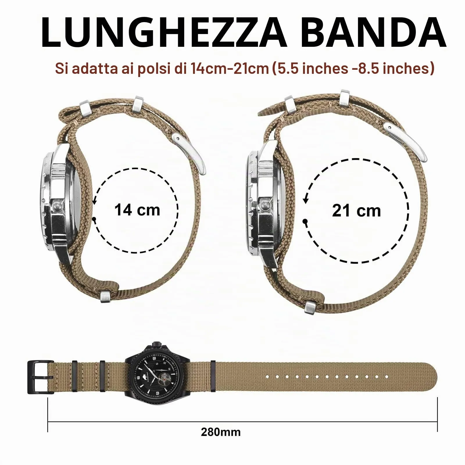 BISONSTRAP Cinturino per Orologi in Nylon da Uomo, 20mm, Khaki Marrone (Fibbia Nera) - immagine 5