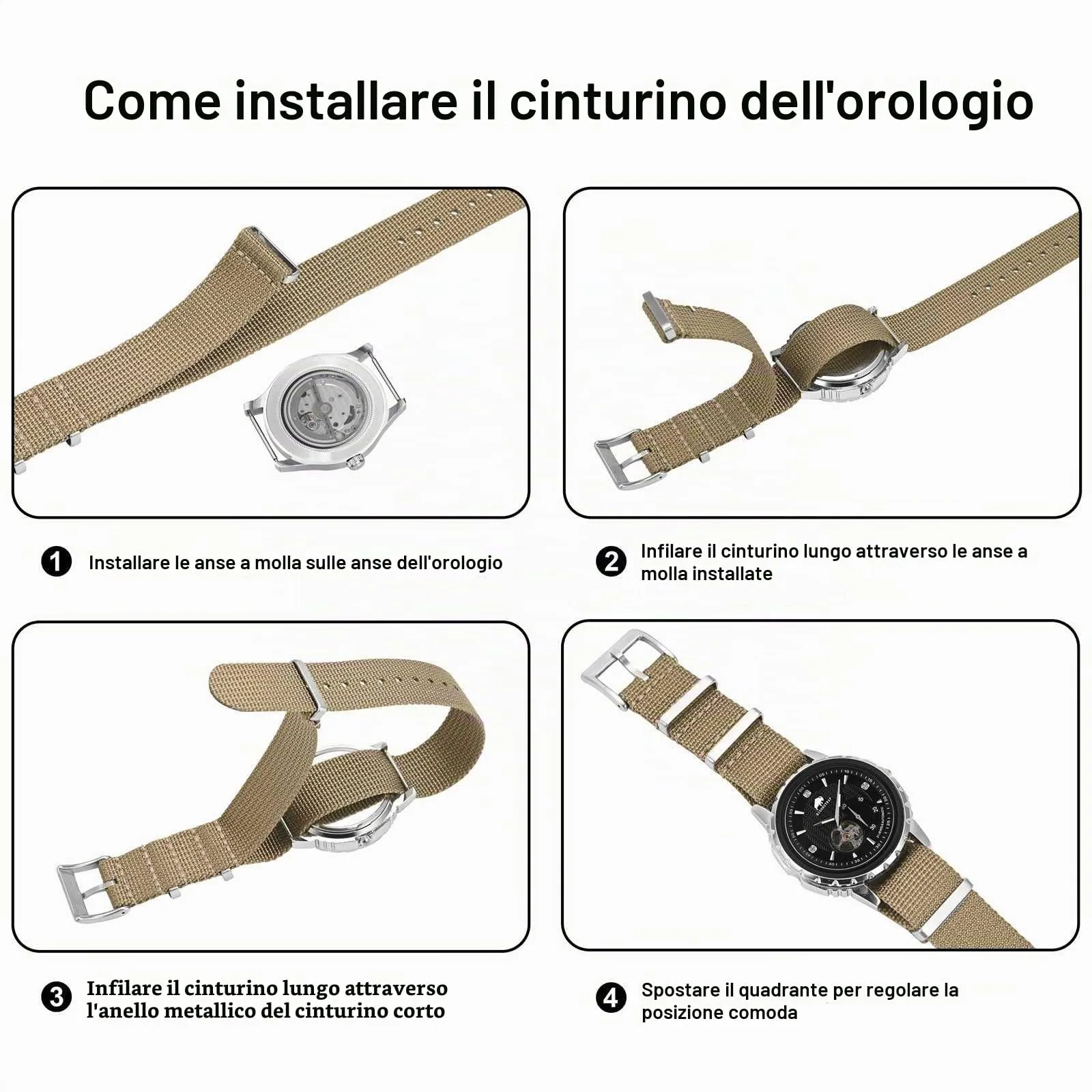 BISONSTRAP Cinturino per Orologi in Nylon da Uomo, 20mm, Khaki Marrone (Fibbia Nera) - immagine 8