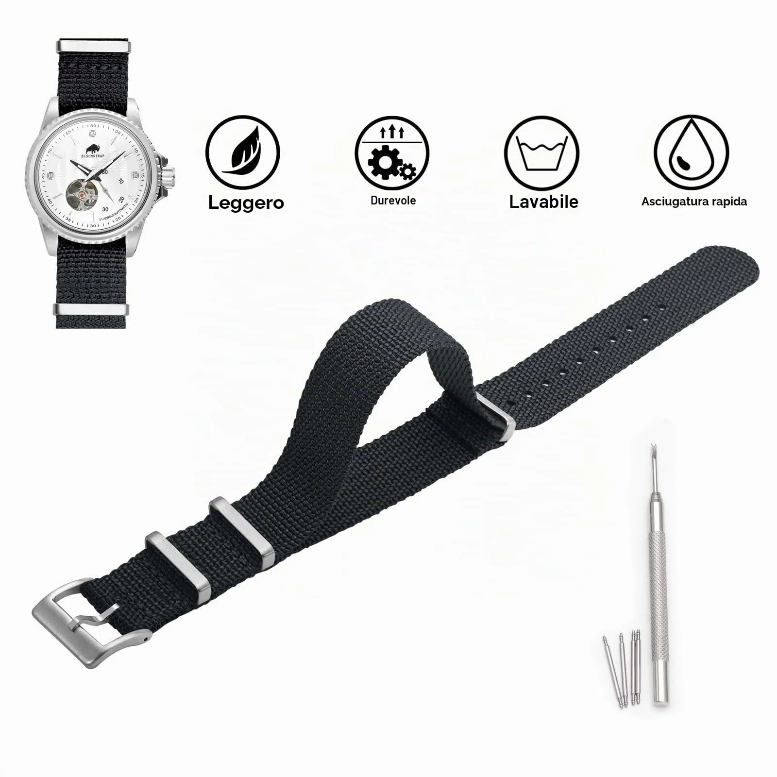 BISONSTRAP Cinturino per Orologi in Nylon da Uomo, 22mm, Nero (Fibbia Argento) - immagine 3