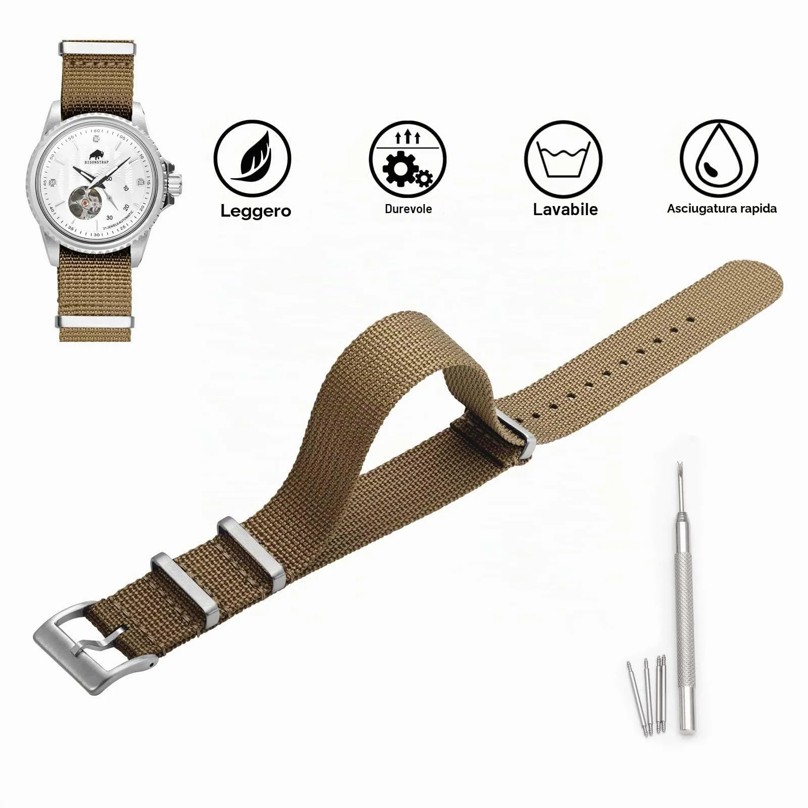 BISONSTRAP Cinturino per Orologi in Nylon da Uomo, 18mm, Khaki Marrone (Fibbia Argento) - immagine 3