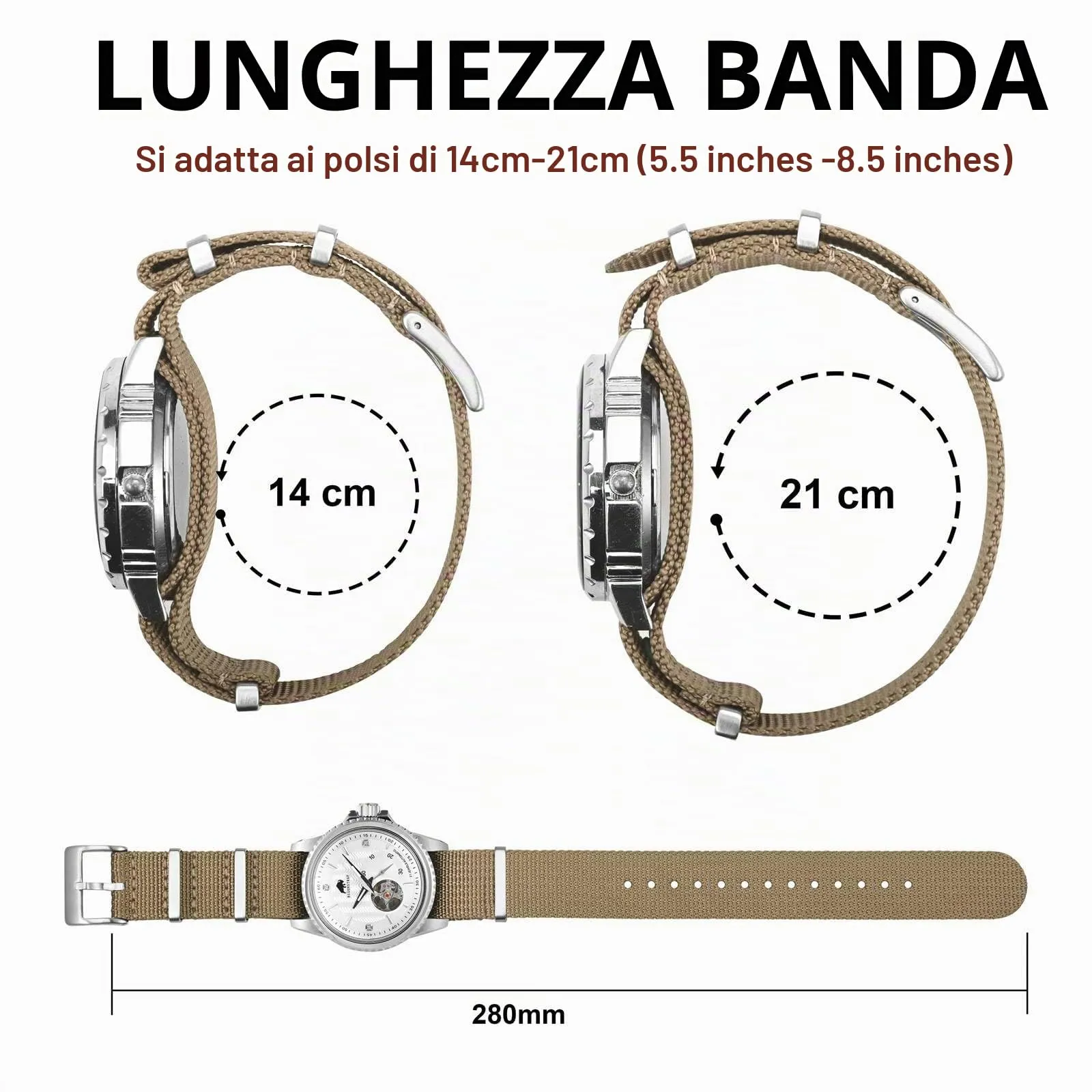BISONSTRAP Cinturino per Orologi in Nylon da Uomo, 18mm, Khaki Marrone (Fibbia Argento) - immagine 5