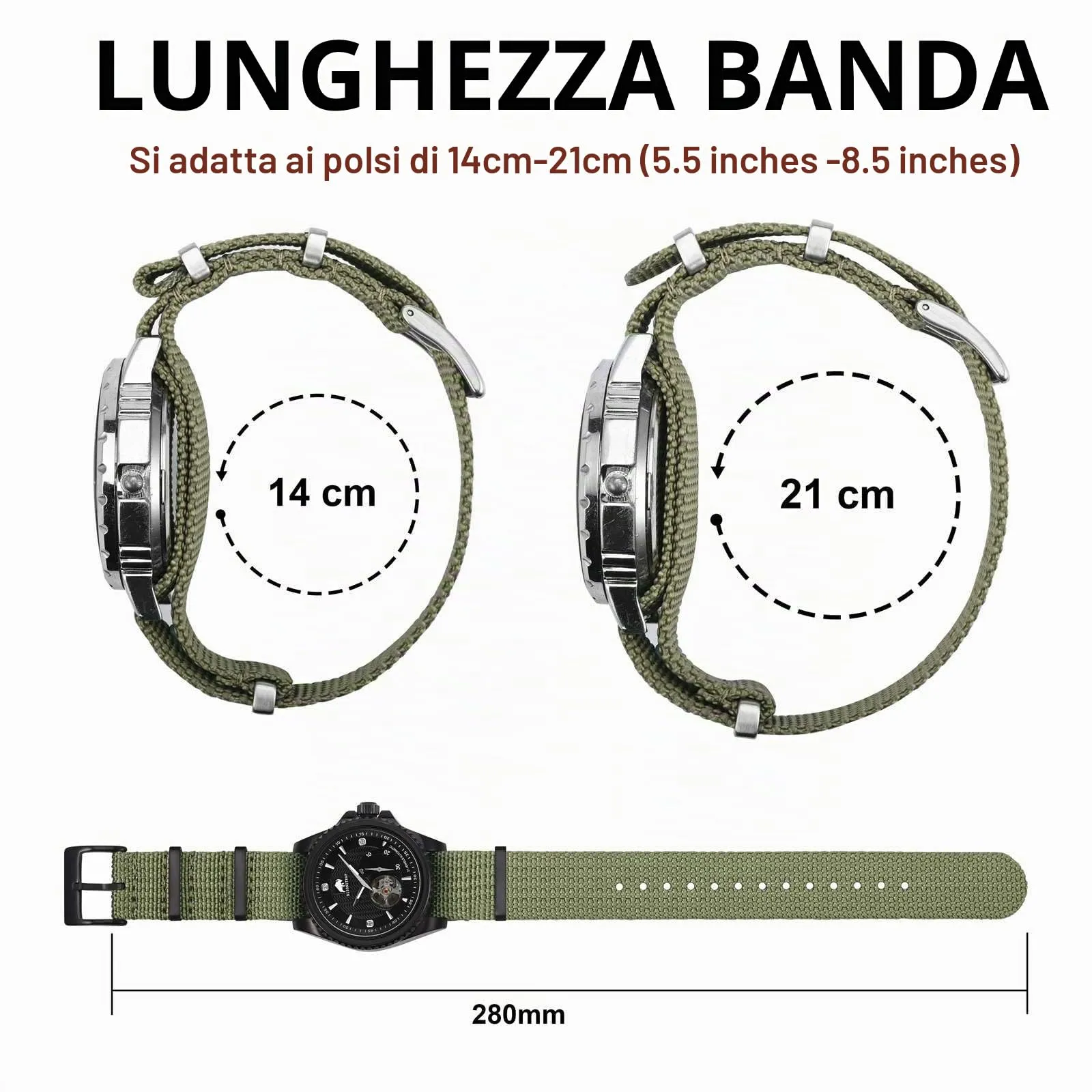 BISONSTRAP Cinturino per Orologi in Nylon da Uomo, 18mm, Verde Militare (Fibbia Nera) - immagine 5