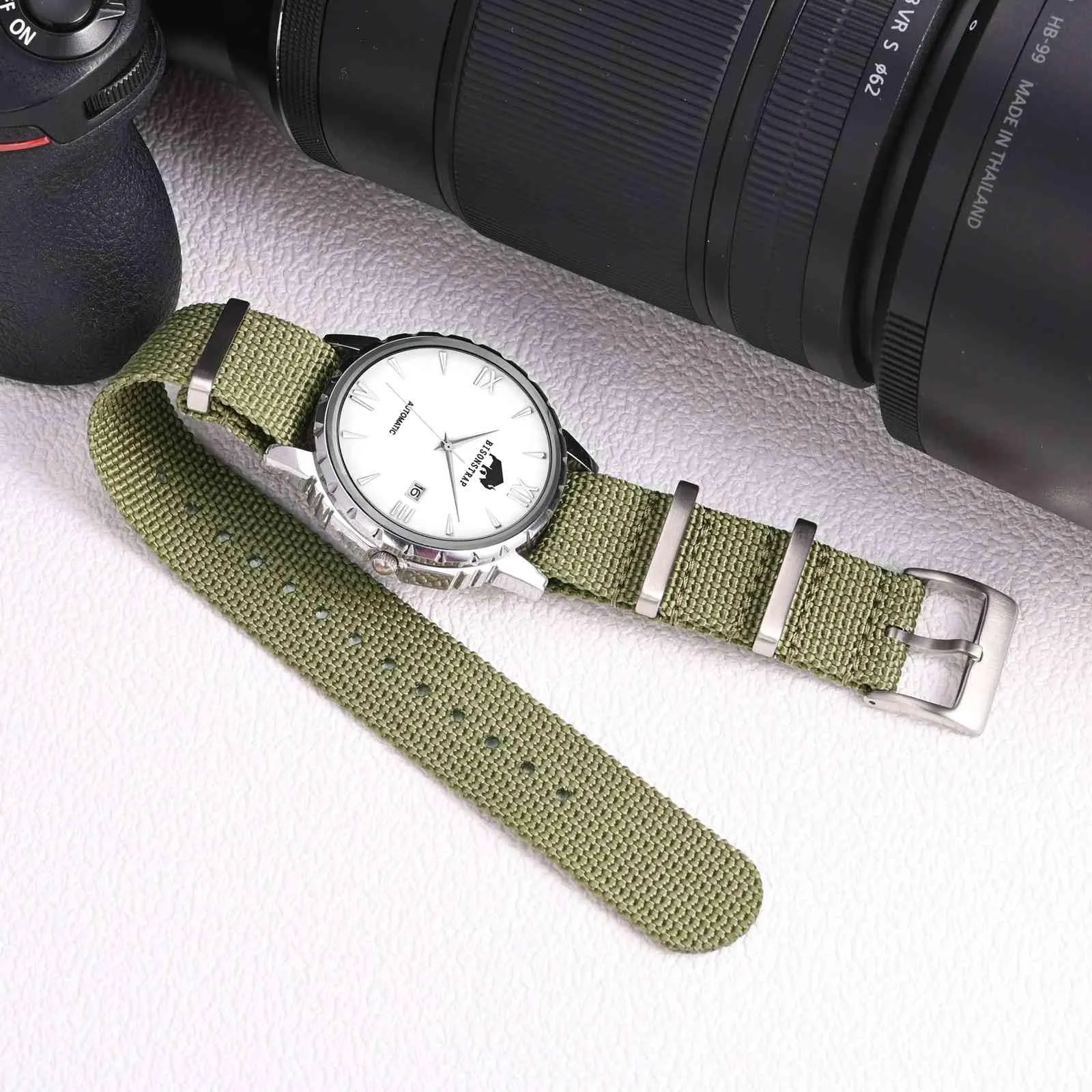 BISONSTRAP Cinturino per Orologi in Nylon da Uomo, 18mm, Verde Militare (Fibbia Argento) - immagine 2