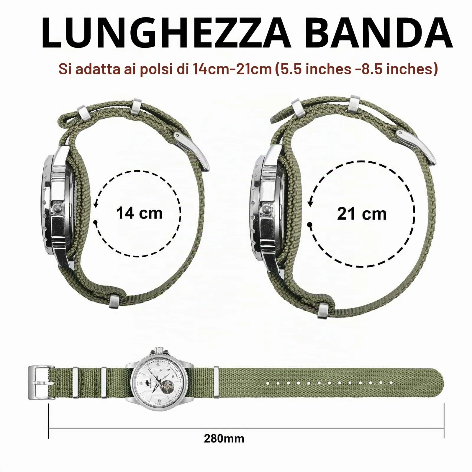 BISONSTRAP Cinturino per Orologi in Nylon da Uomo, 18mm, Verde Militare (Fibbia Argento) - immagine 5