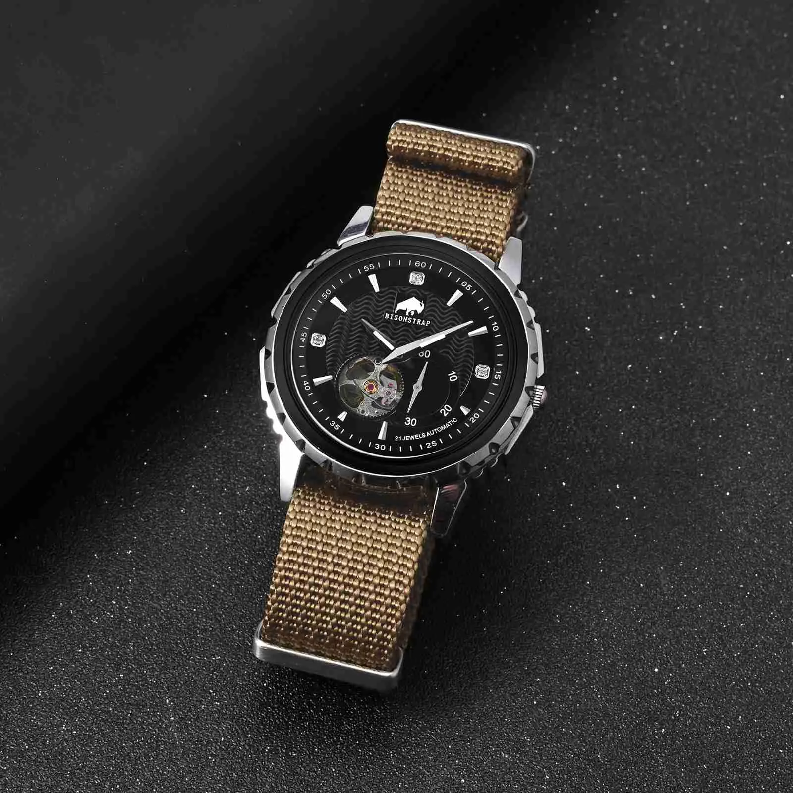 BISONSTRAP Cinturino per Orologi in Nylon da Uomo, 20mm, Khaki Marrone (Fibbia Argento) - immagine 9