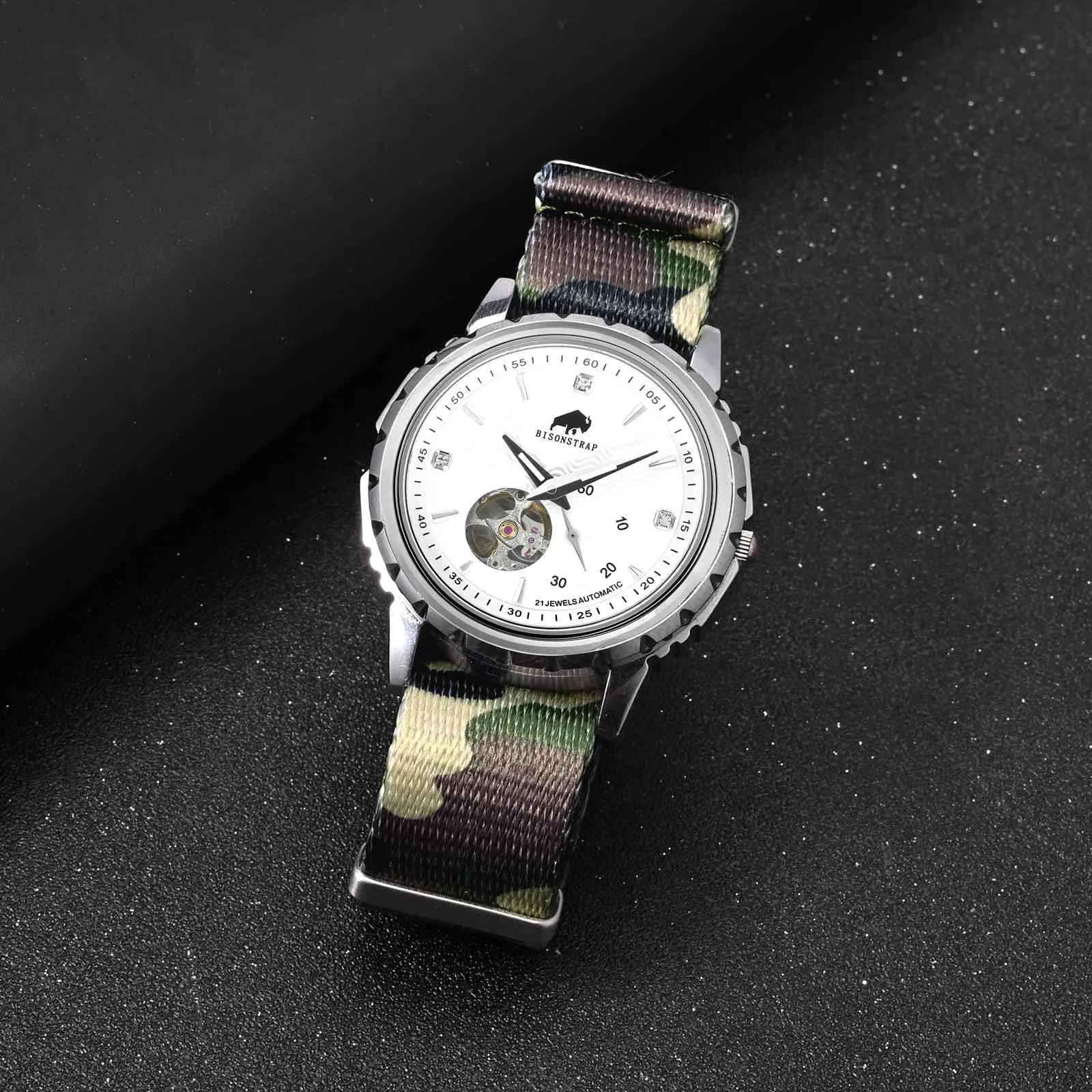 BISONSTRAP Cinturino per Orologi in Nylon da Uomo, 18mm, Verde Mimetico (Fibbia Argento) - immagine 9
