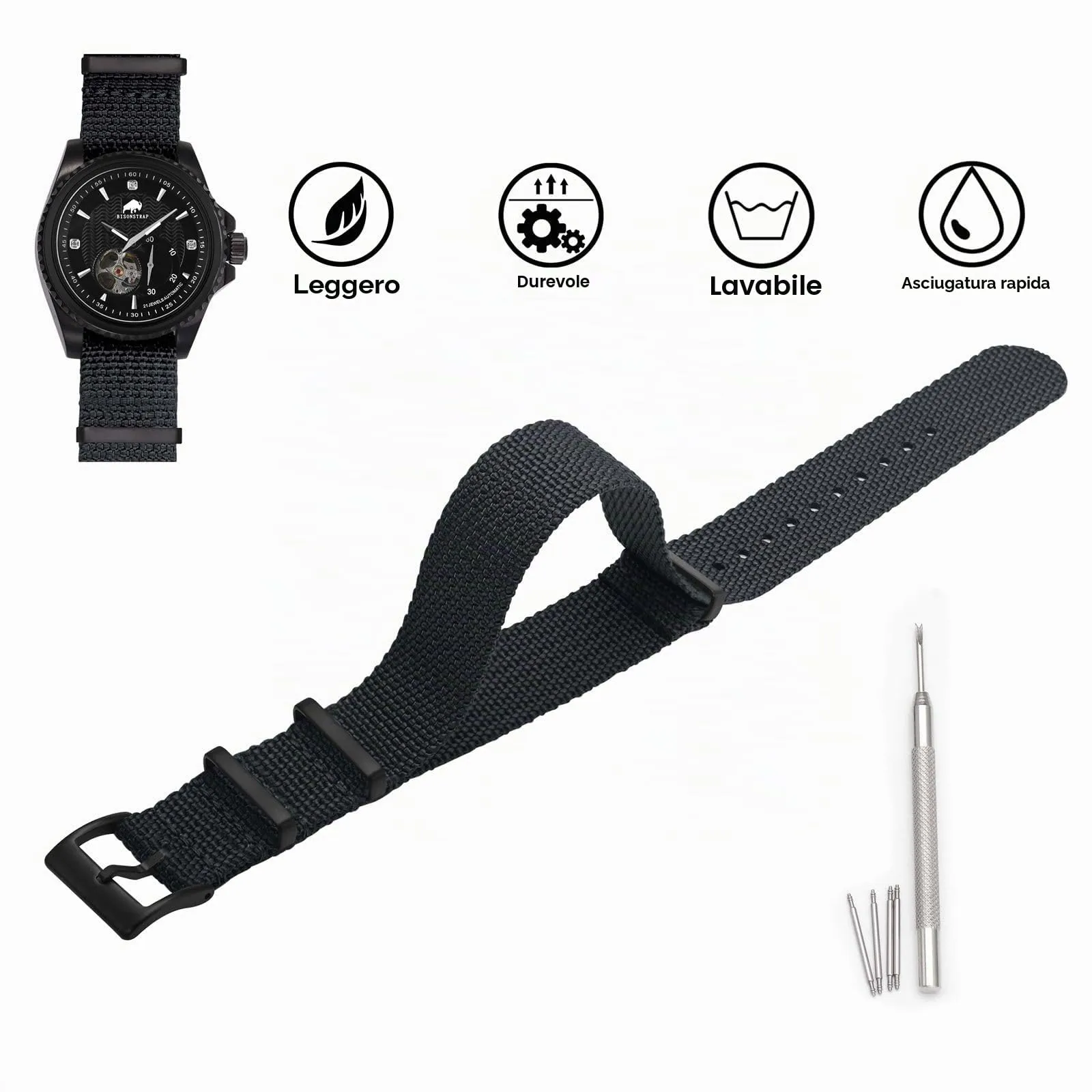 BISONSTRAP Cinturino per Orologi in Nylon da Uomo, Militare, 18mm, Nero - immagine 3