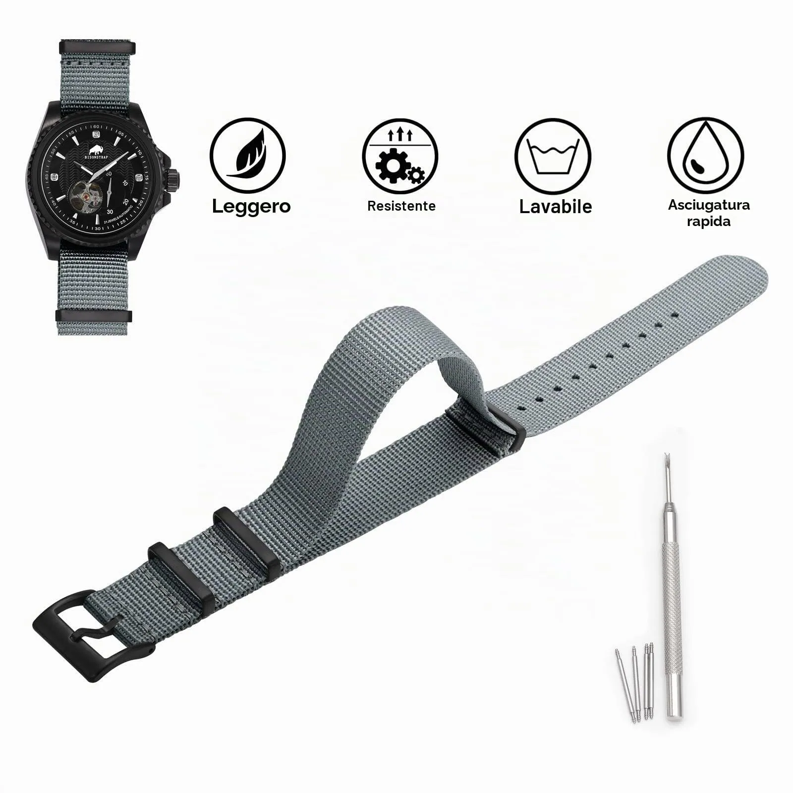 BISONSTRAP Cinturino per Orologi in Nylon da Uomo, 18mm, Grigio (Fibbia Nera) - immagine 3