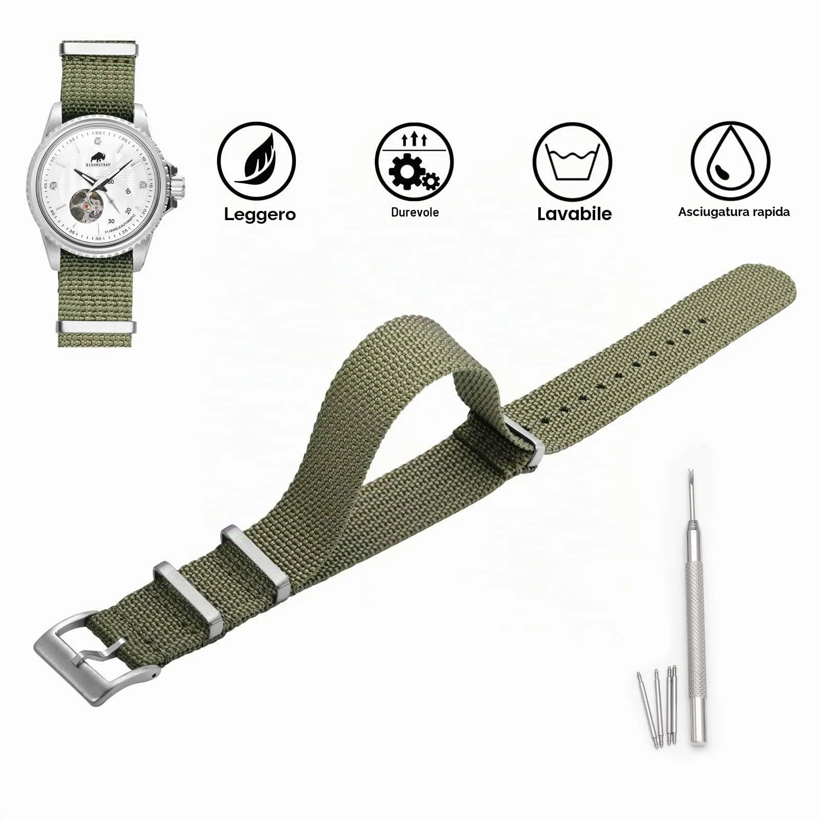 BISONSTRAP Cinturino per Orologi in Nylon da Uomo, 22mm, Verde Militare (Fibbia Argento) - immagine 3