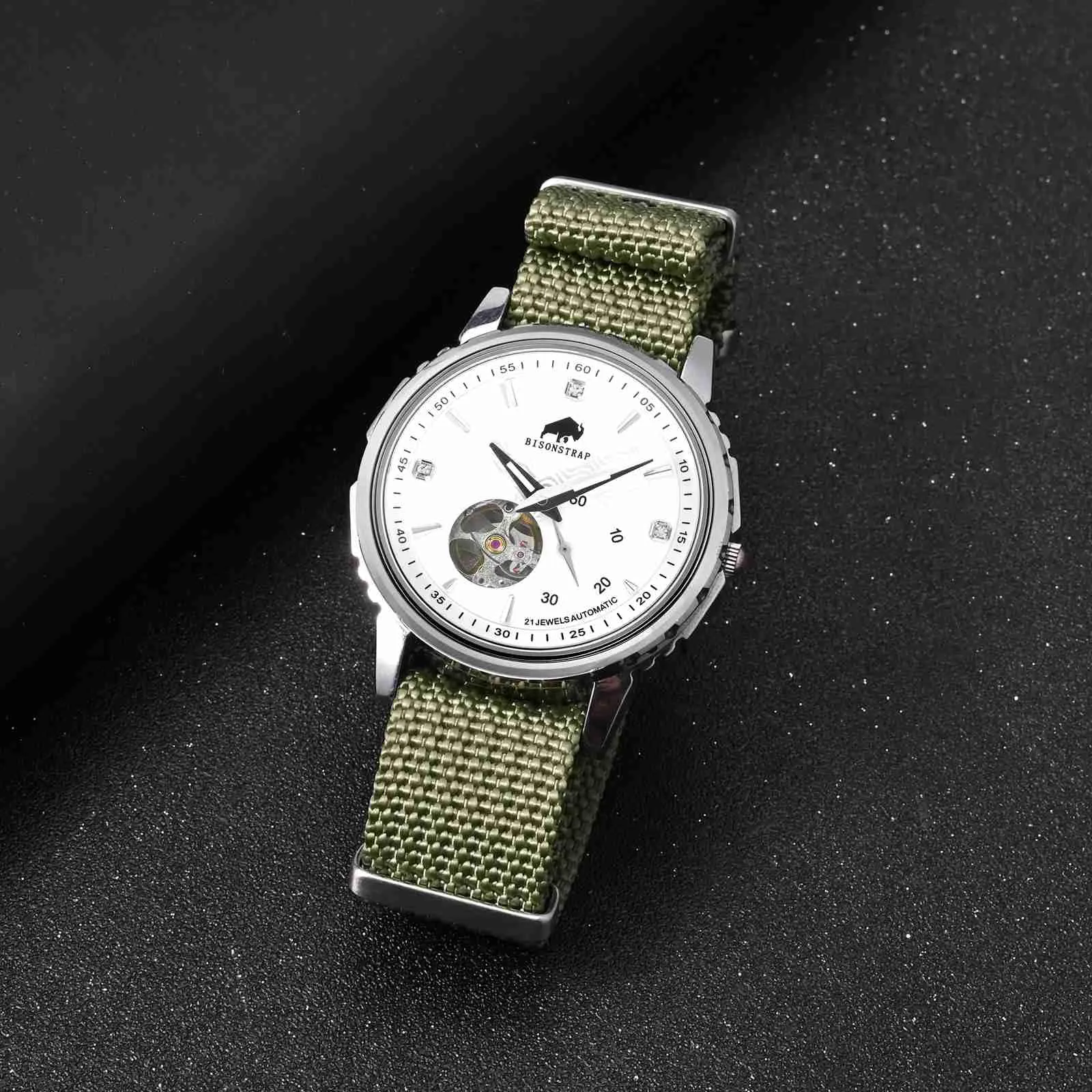 BISONSTRAP Cinturino per Orologi in Nylon da Uomo, 22mm, Verde Militare (Fibbia Argento) - immagine 9