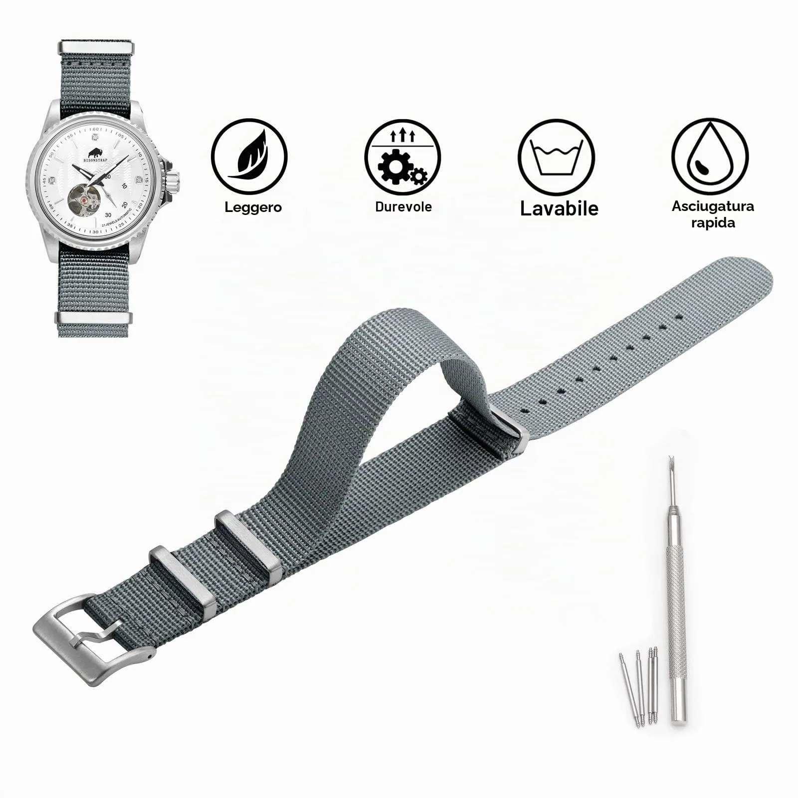 BISONSTRAP Cinturino per Orologi in Nylon da Uomo, 18mm, Grigio (Fibbia Argento) - immagine 3