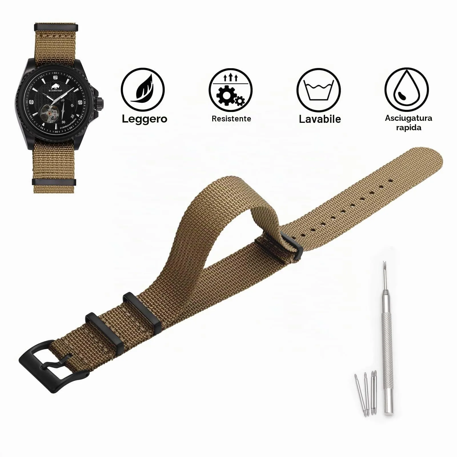 BISONSTRAP Cinturino per Orologi in Nylon da Uomo, 18mm, Khaki Marrone (Fibbia Nera) - immagine 3