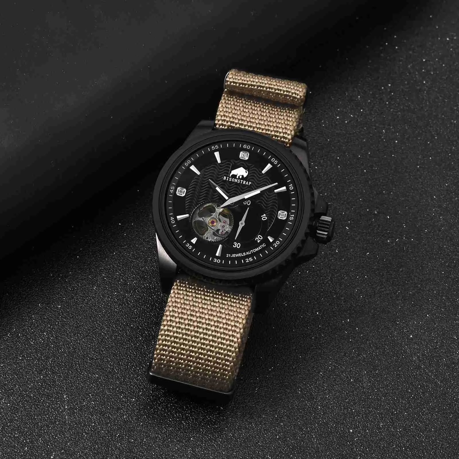 BISONSTRAP Cinturino per Orologi in Nylon da Uomo, 18mm, Khaki Marrone (Fibbia Nera) - immagine 9