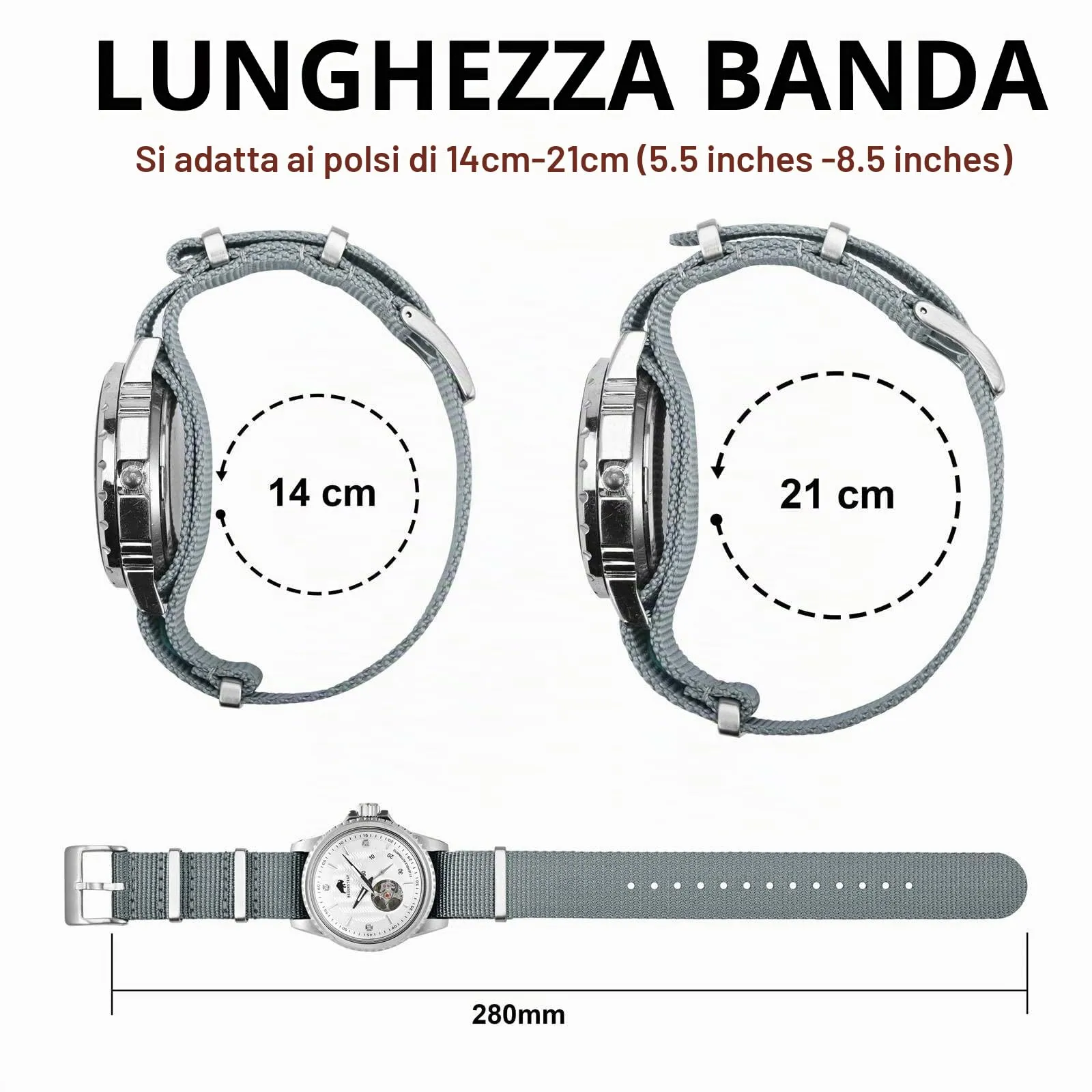 BISONSTRAP Cinturino per Orologi in Nylon da Uomo, 22mm, Grigio (Fibbia Argento) - immagine 5