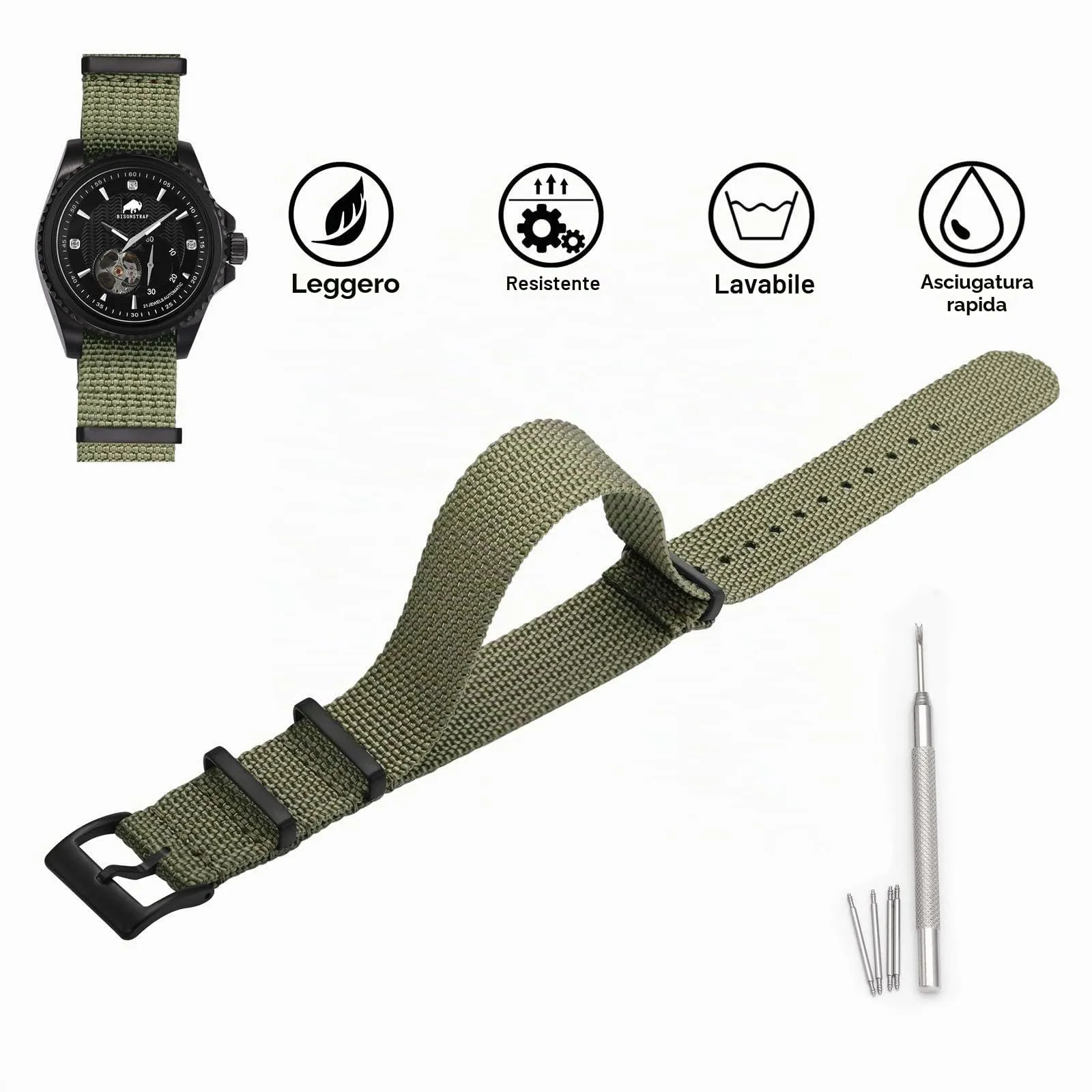 BISONSTRAP Cinturino in Nylon per Orologi da Uomo, 20mm, Verde Militare (Fibbia Nera) - immagine 3