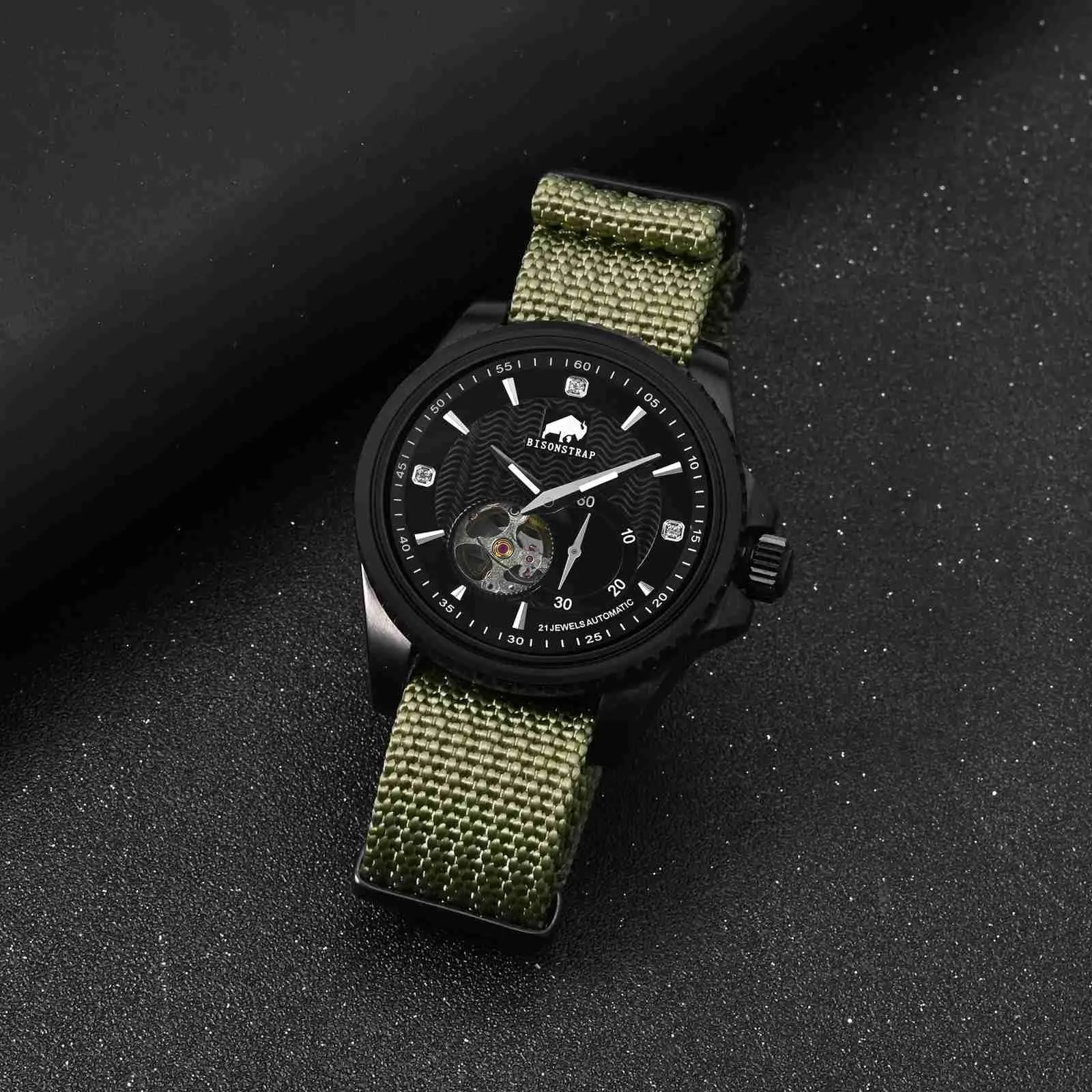 BISONSTRAP Cinturino in Nylon per Orologi da Uomo, 20mm, Verde Militare (Fibbia Nera) - immagine 9
