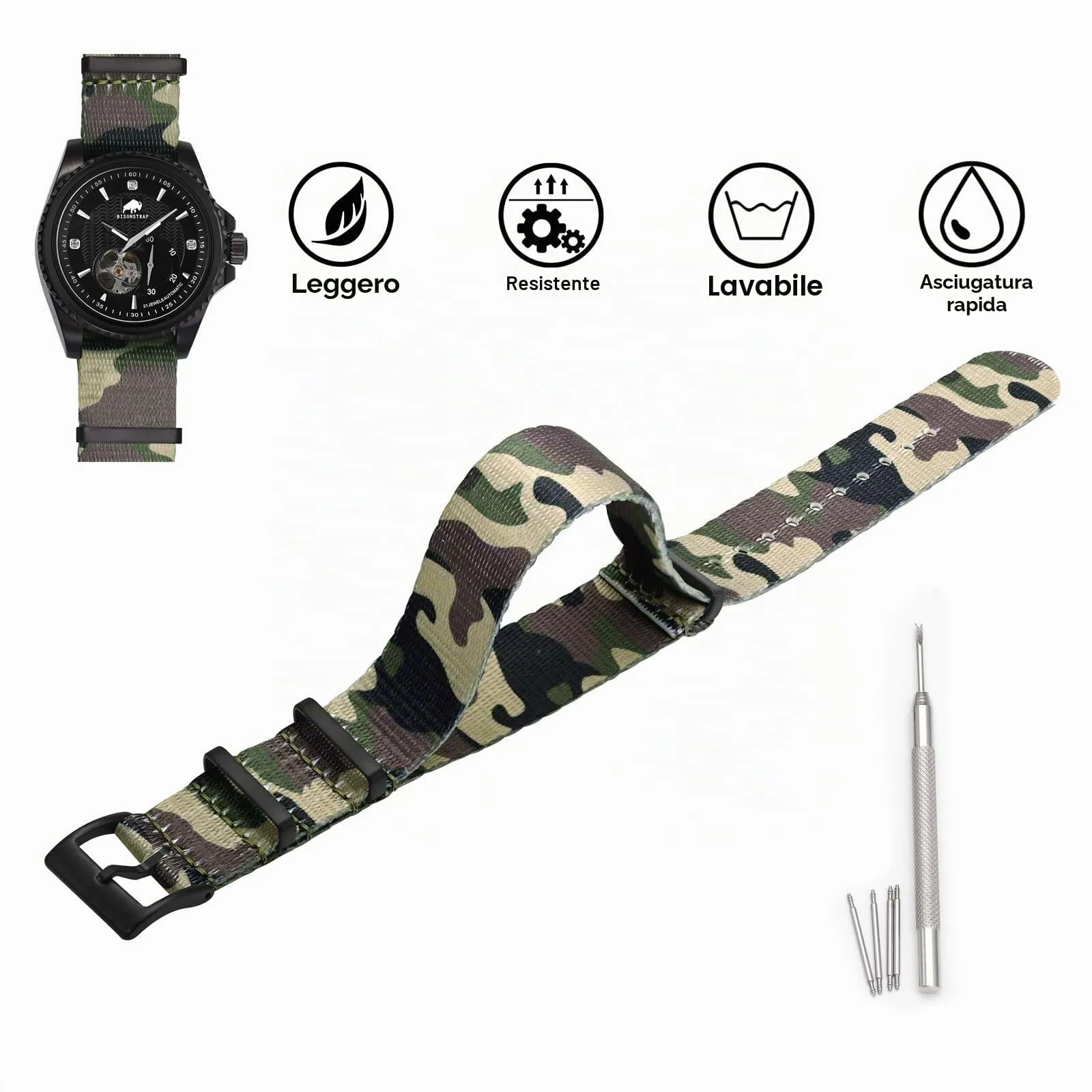 BISONSTRAP Cinturino per Orologi in Nylon da Uomo, Militare in un Unico Pezzo, 18mm, Verde Mimetico (Fibbia Nera) - immagine 3
