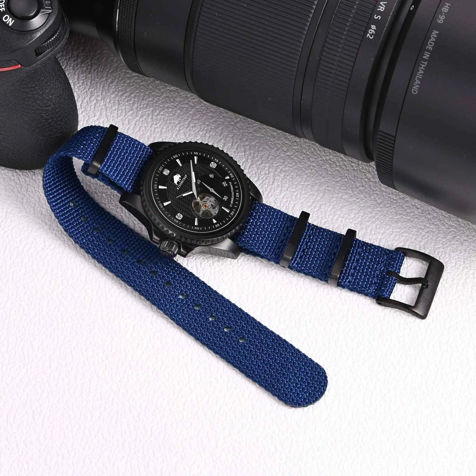 BISONSTRAP Cinturino per Orologi in Nylon da Uomo, Militare, 22mm, Blu (Fibbia Nera) - immagine 2